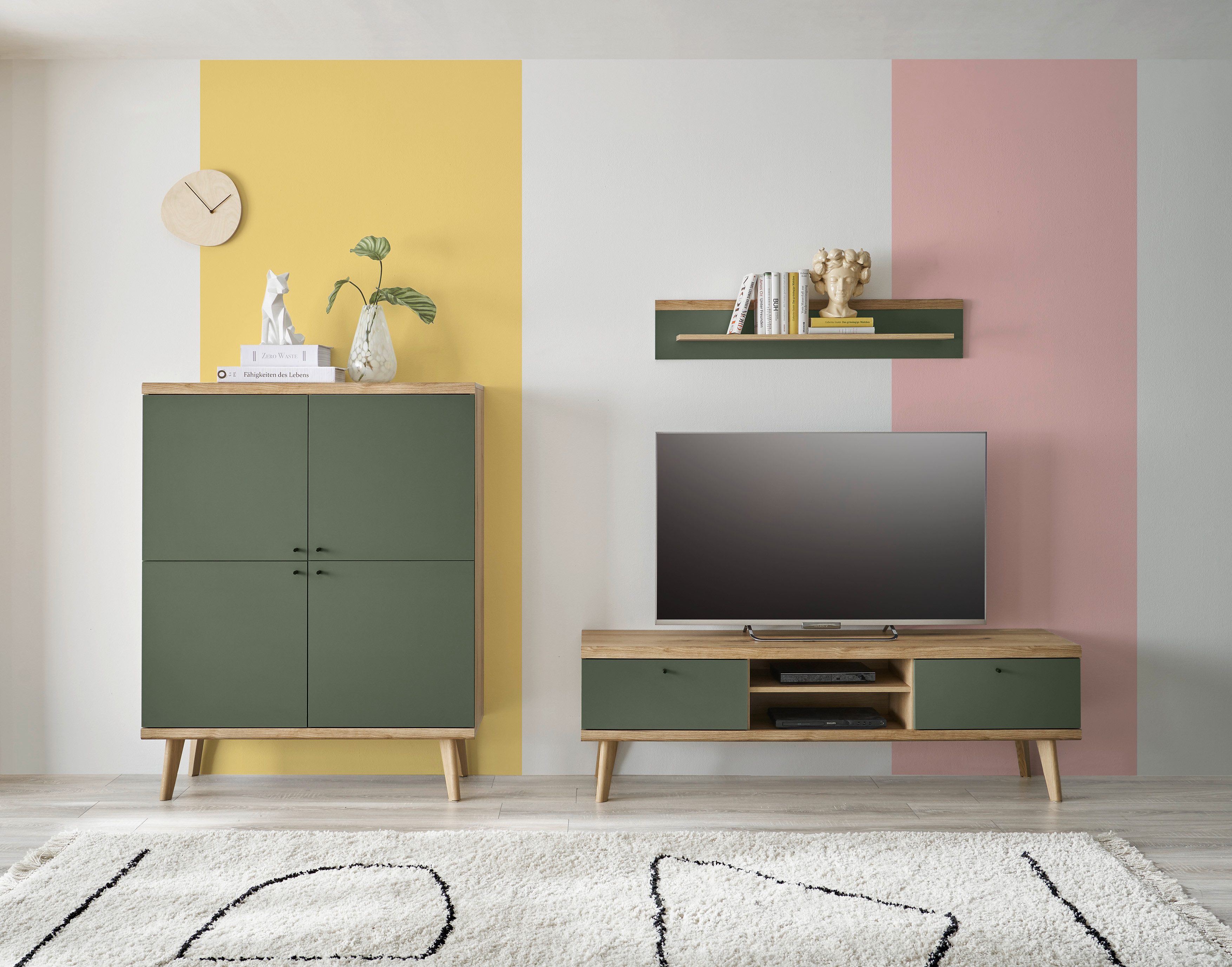 INOSIGN Wandmeubel MAVAS in moderne trendkleur, handgrepen van metaal (zwart), breedte 337 cm (set, 3-delig) tv-wandmeubels groen