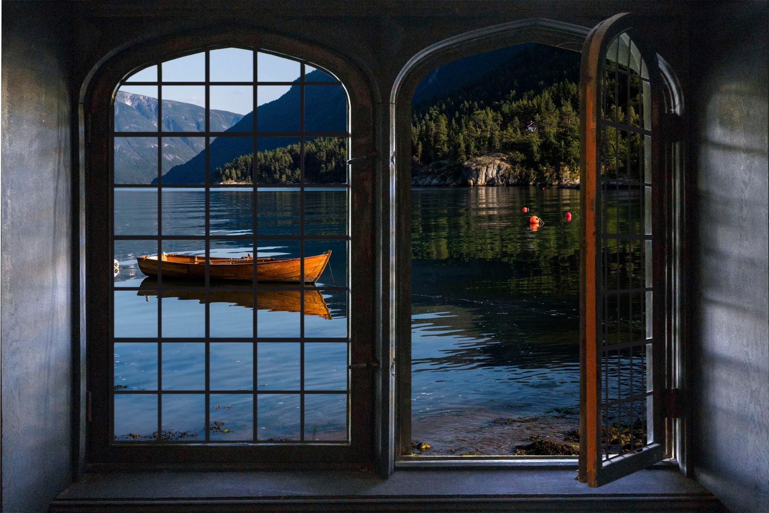 queence Wandfolie Lago di Garda Muursticker, muurdecoratie, zelfklevend, 3D, raam