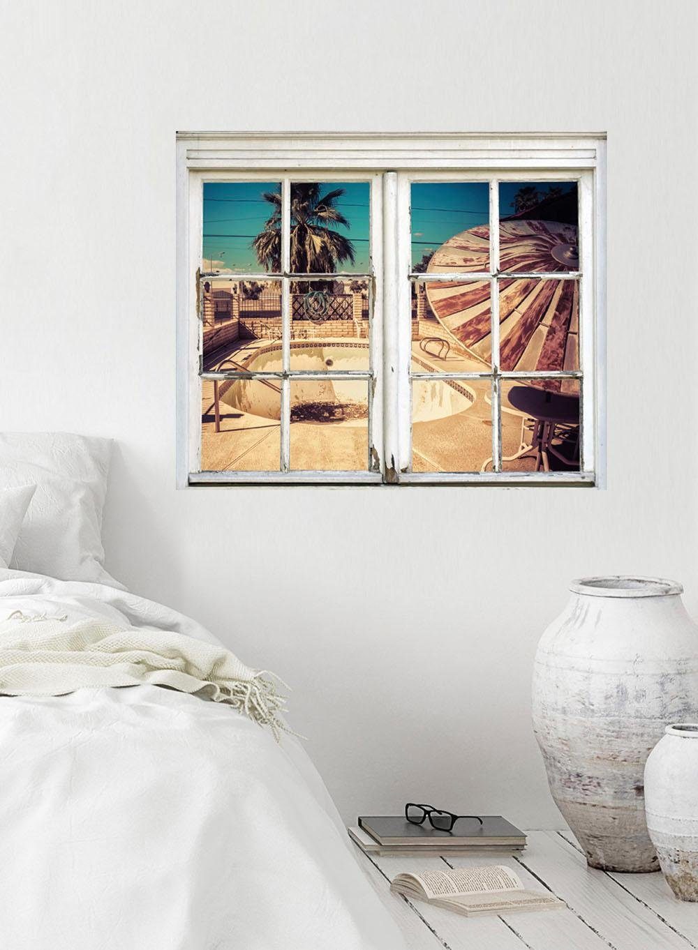 queence Wandfolie Verlaten zwembad Muursticker, muurdecoratie, zelfklevend, 3D, raam