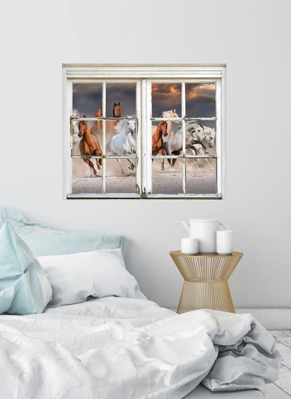 queence Wandfolie Paarden Muursticker, muurdecoratie, zelfklevend, 3D, raam