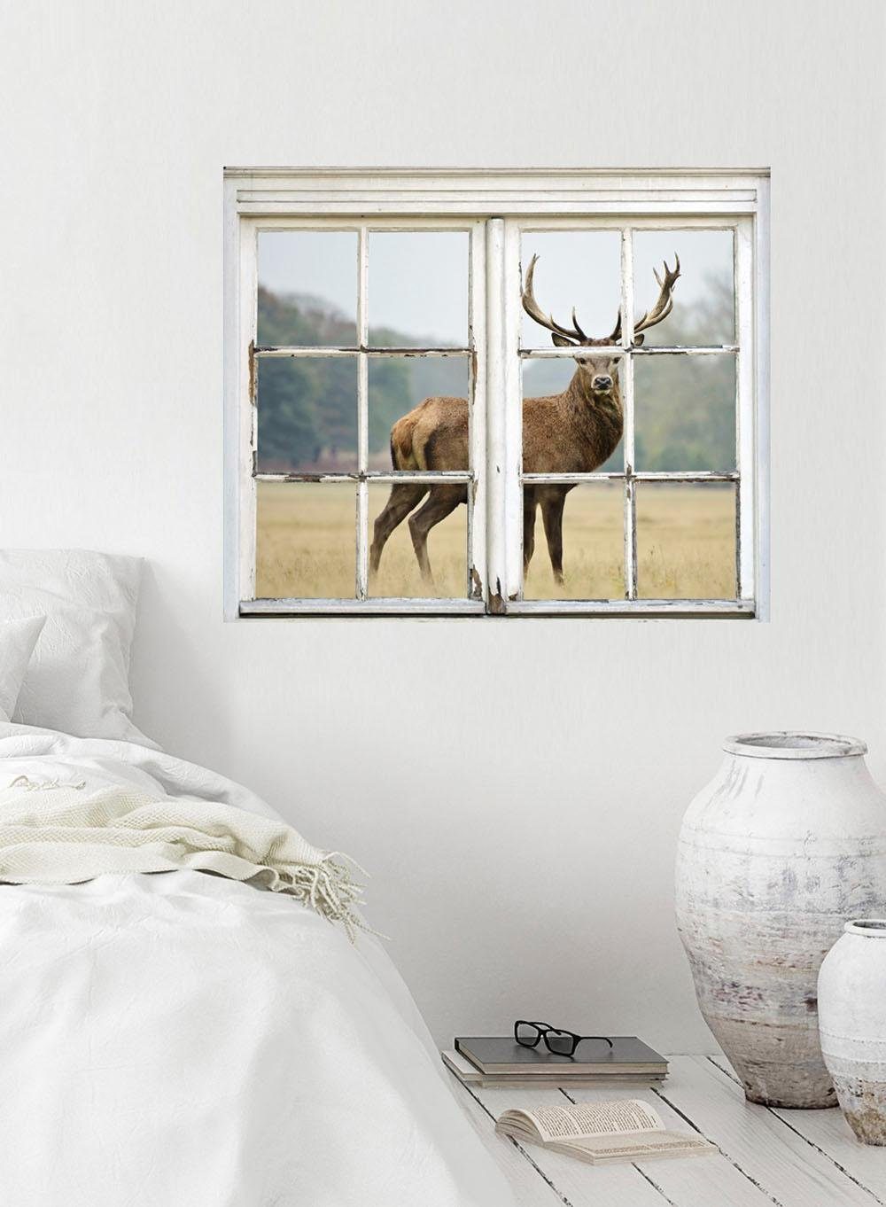 queence Wandfolie Edelhert Muursticker, muurdecoratie, zelfklevend, 3D, raam, hert