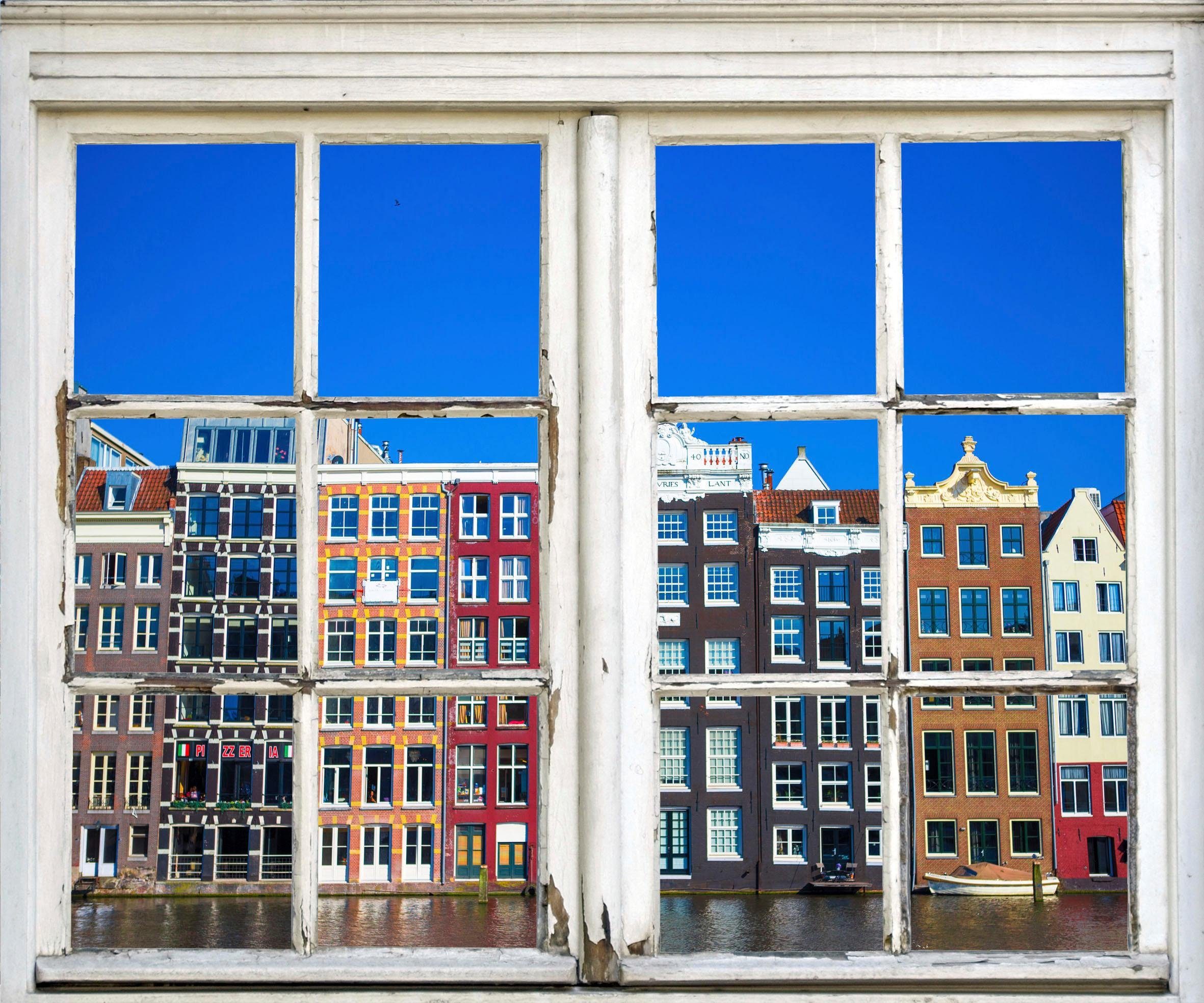 queence Wandfolie Amsterdam Muursticker, muurdecoratie, zelfklevend, 3D, raam, Amsterdam