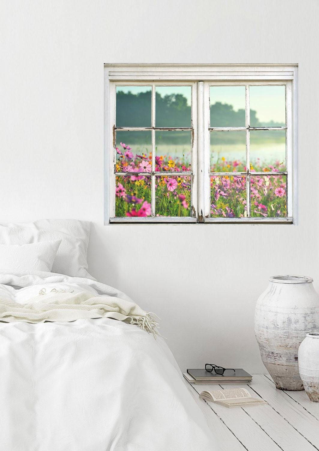 queence Wandfolie Bloemenweide Muursticker, muurdecoratie, zelfklevend, 3D, raam