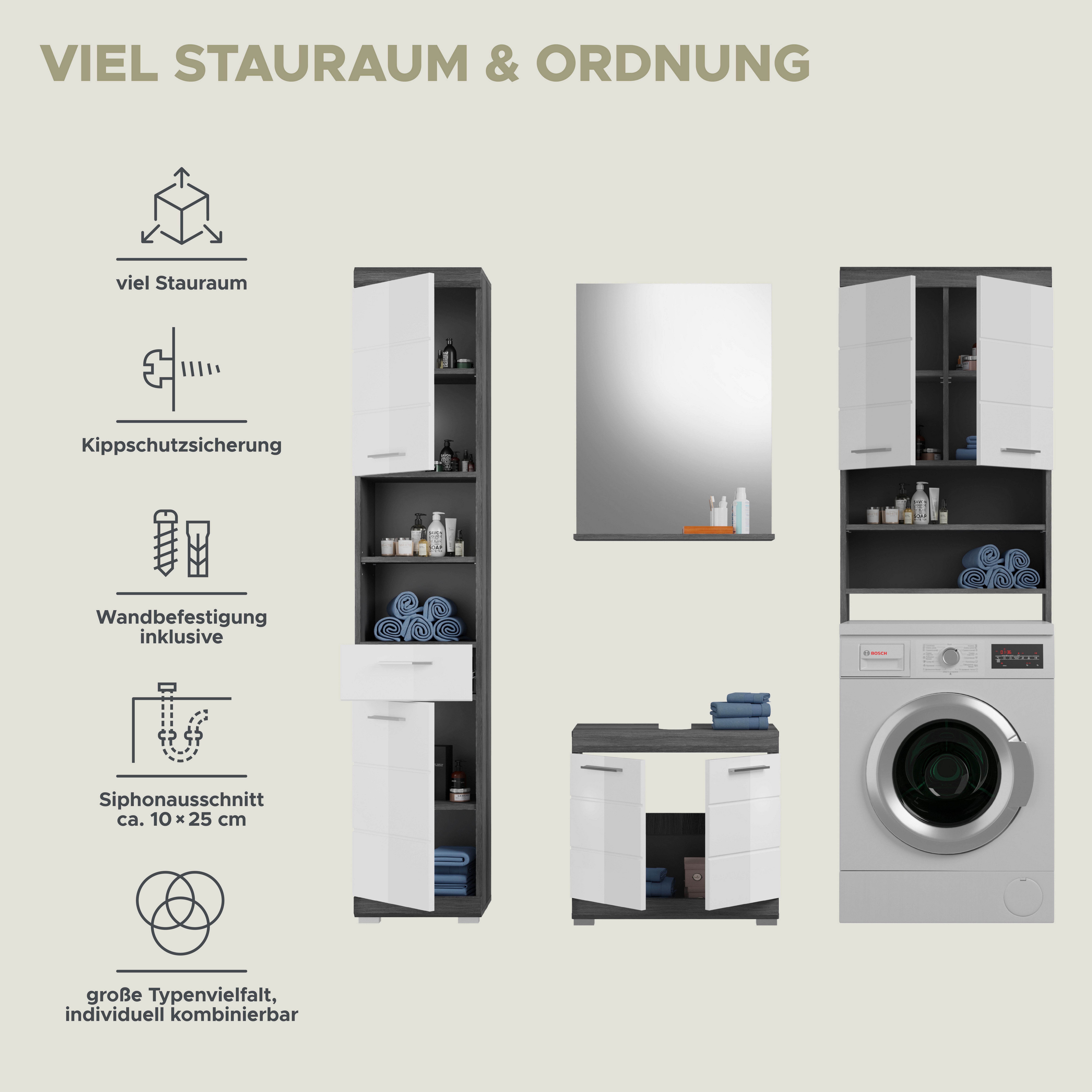 INOSIGN Badkamerserie Siena, 4-delig, bestaande uit: Hoge kast, WBU, badkamer spiegel, wasmachine ombouwkast (set, 4-delig)