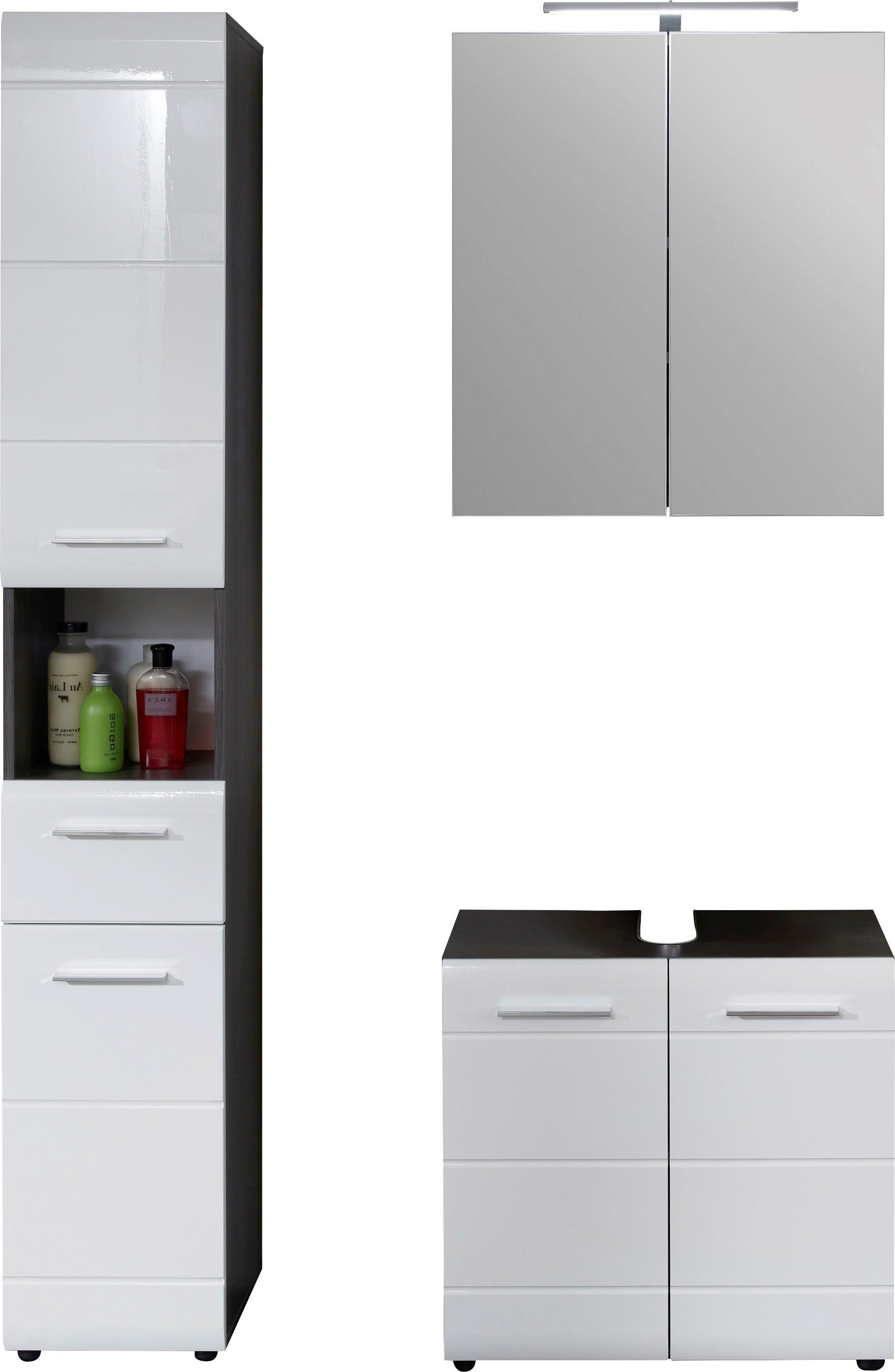INOSIGN Badkamerserie Sovana Hoge kast, wastafel en spiegelkast met verlichting (set, 3-delig)