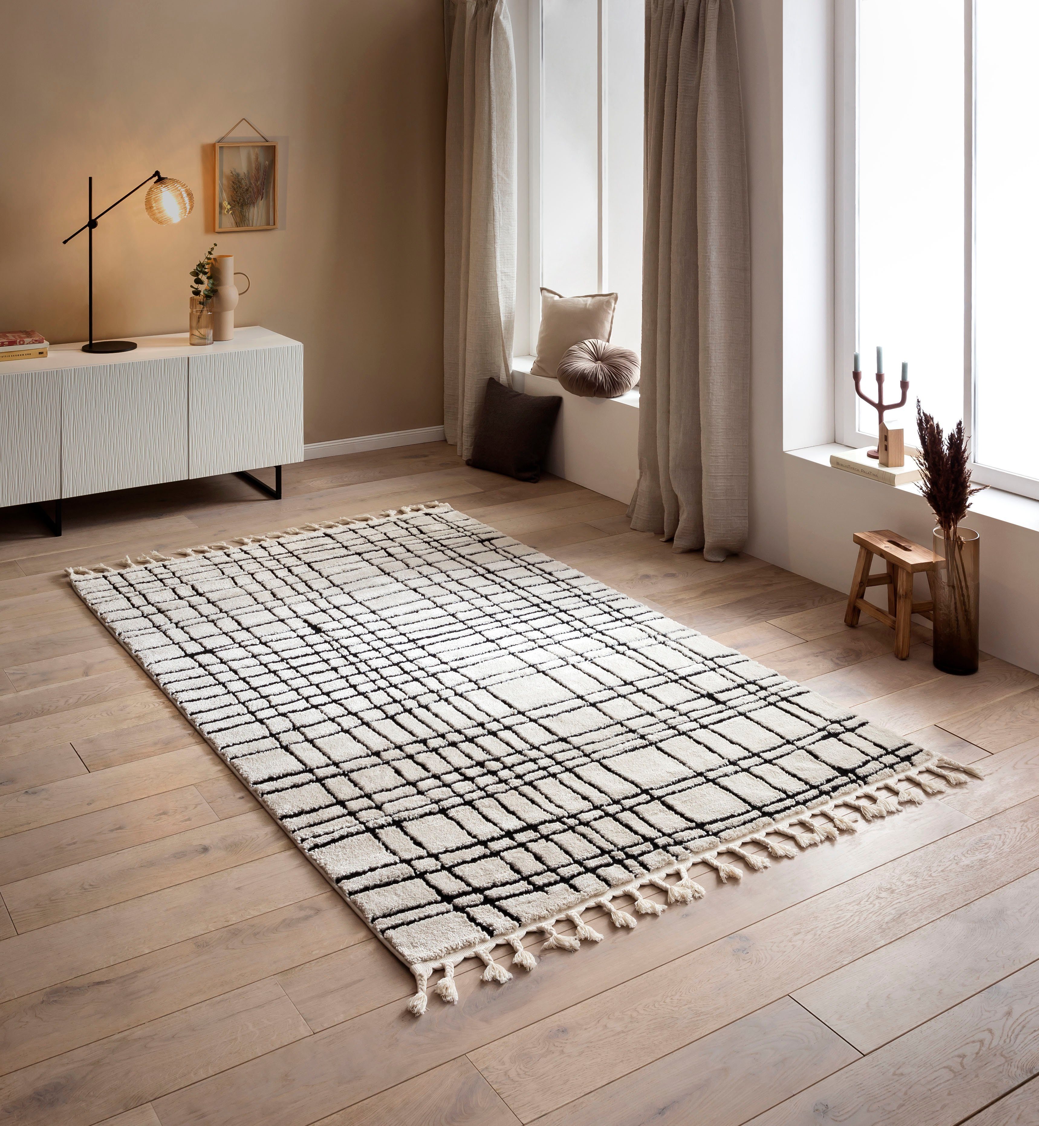 done.® Vloerkleed River modern scandi ontwerp, geruit, hoog-laag effect, met franjes