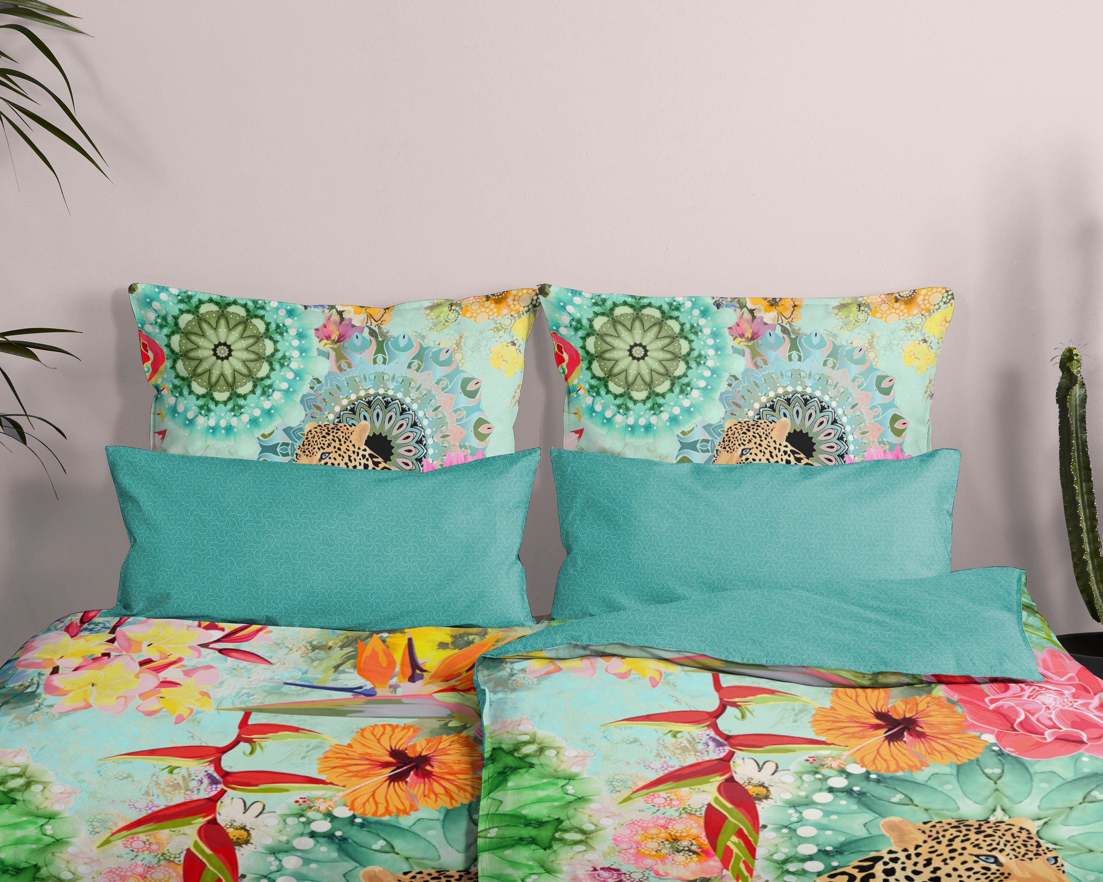 hip Tweezijdig te gebruiken overtrekset Ximena Mako-satijn, 135x200, Rits, Omkeerbaar, Mandala, Kleurrijk, Turquoise