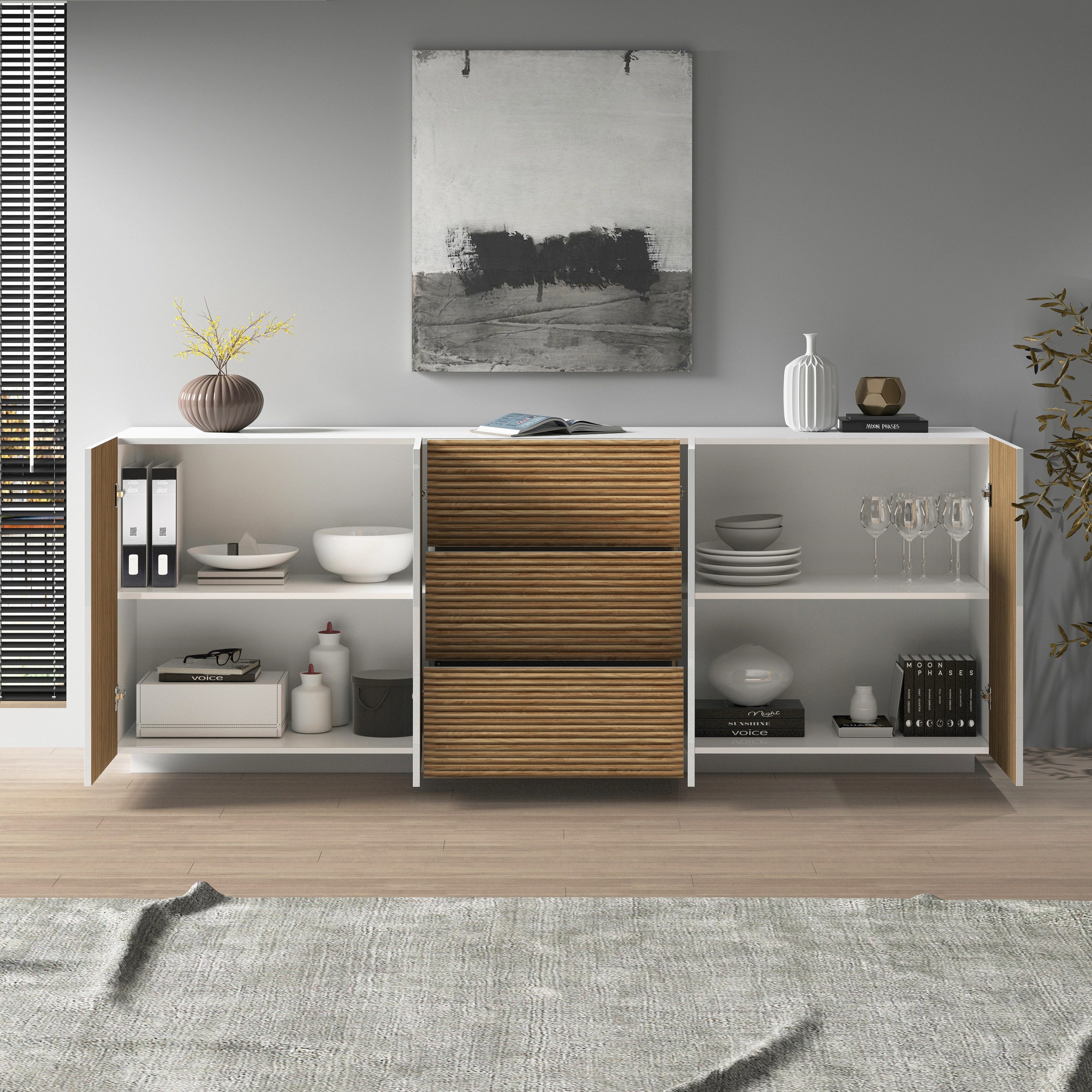 INOSIGN Dressoir Vega Sideboard, Ladekast, 220 cm met 4 deuren en 3 lades, fronten met groeflook