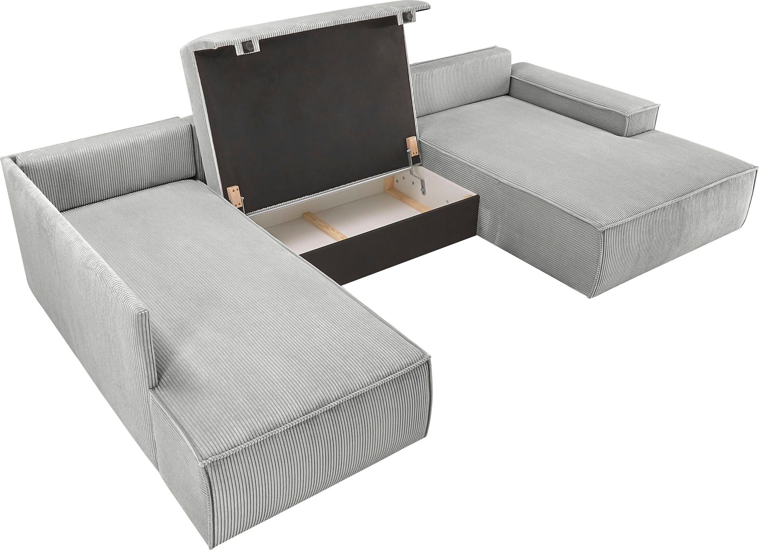 Home affaire Zithoek SHERWOOD 329 cm, U-vorm, slaapbank, Slaapfunctie met bedkist (194x139 cm), cord, vintage, fluweel