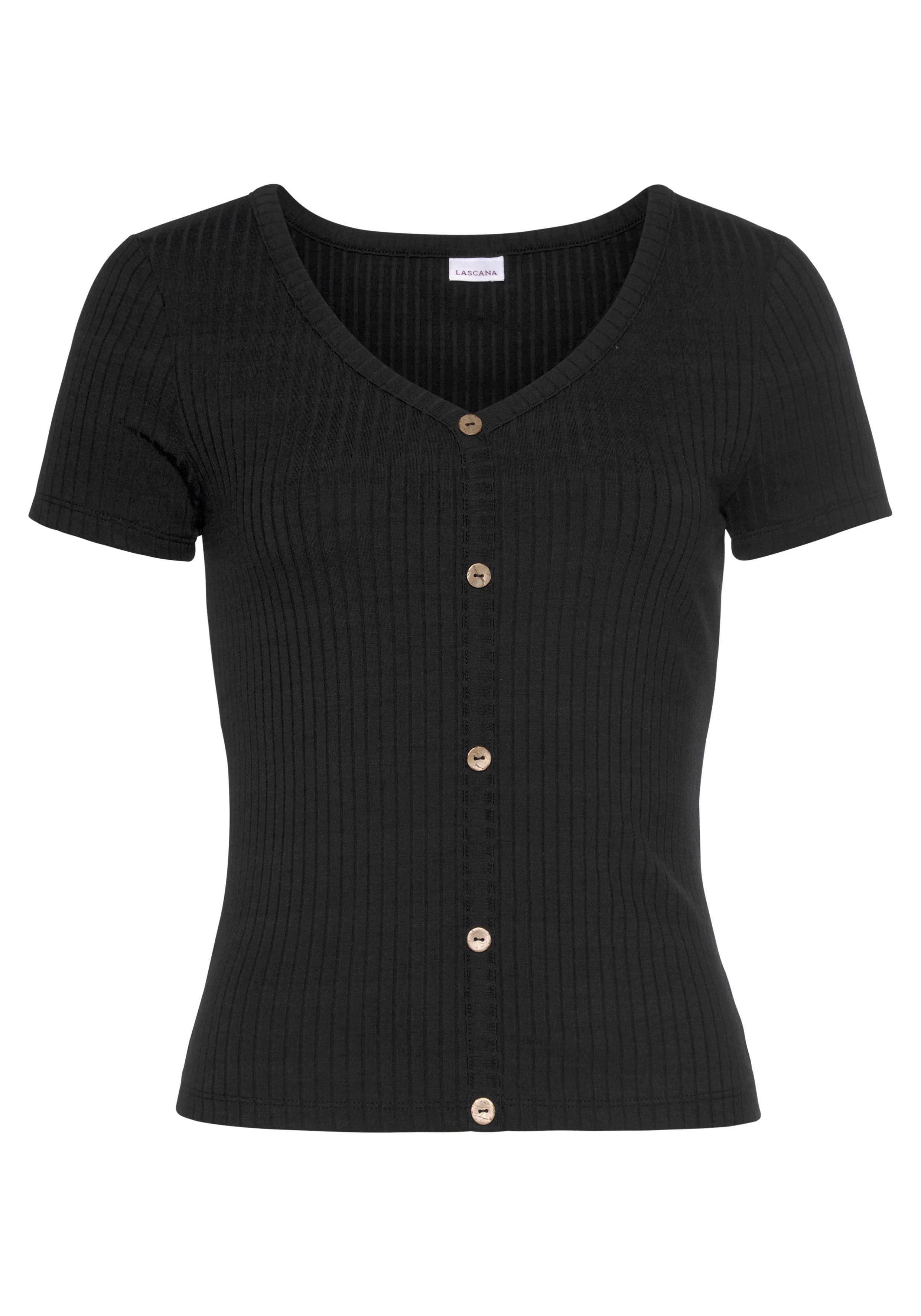Lascana Shirt met korte mouwen van geribde stof met decoratieve knoopsluiting, t-shirt, v-hals