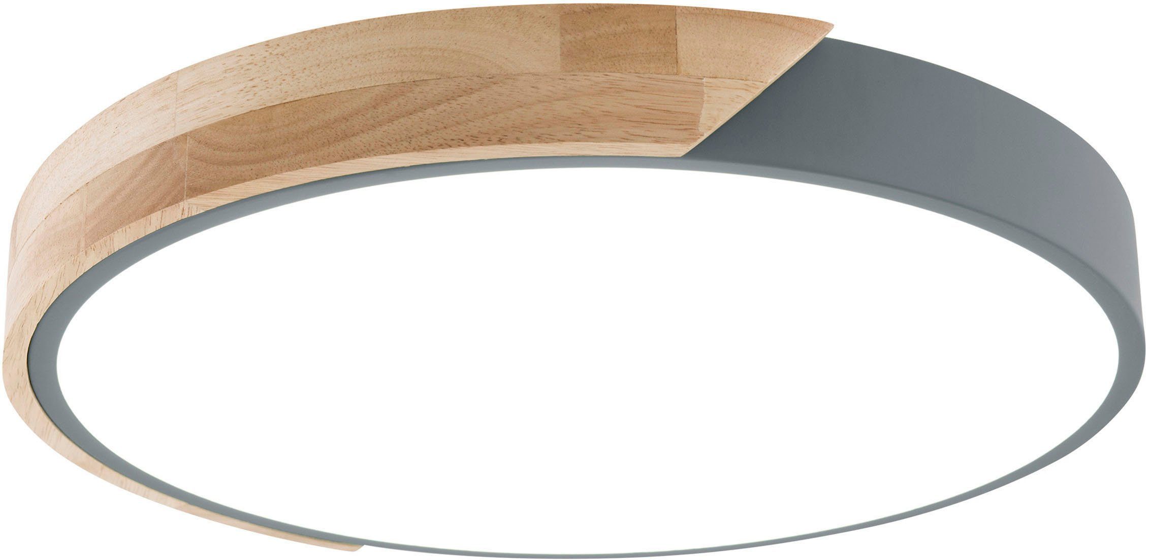 näve Led-plafondlamp Borneo rond, led, rand deels grijs/deels eikenhout, lichtkleur warmwit (1 stuk)