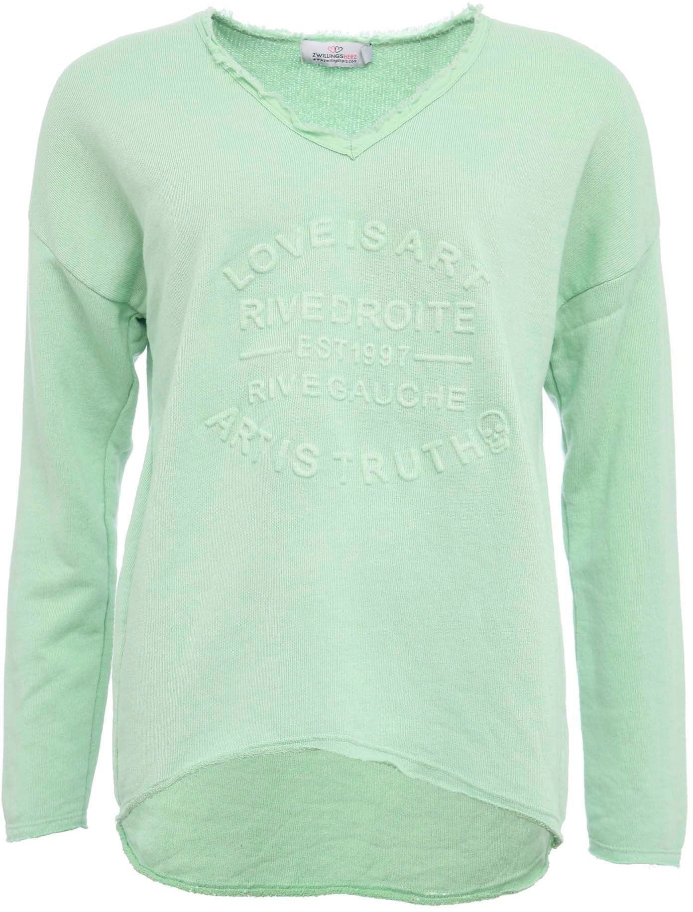 Zwillingsherz Sweatshirt met rafelige v-halslijn in vintage-look