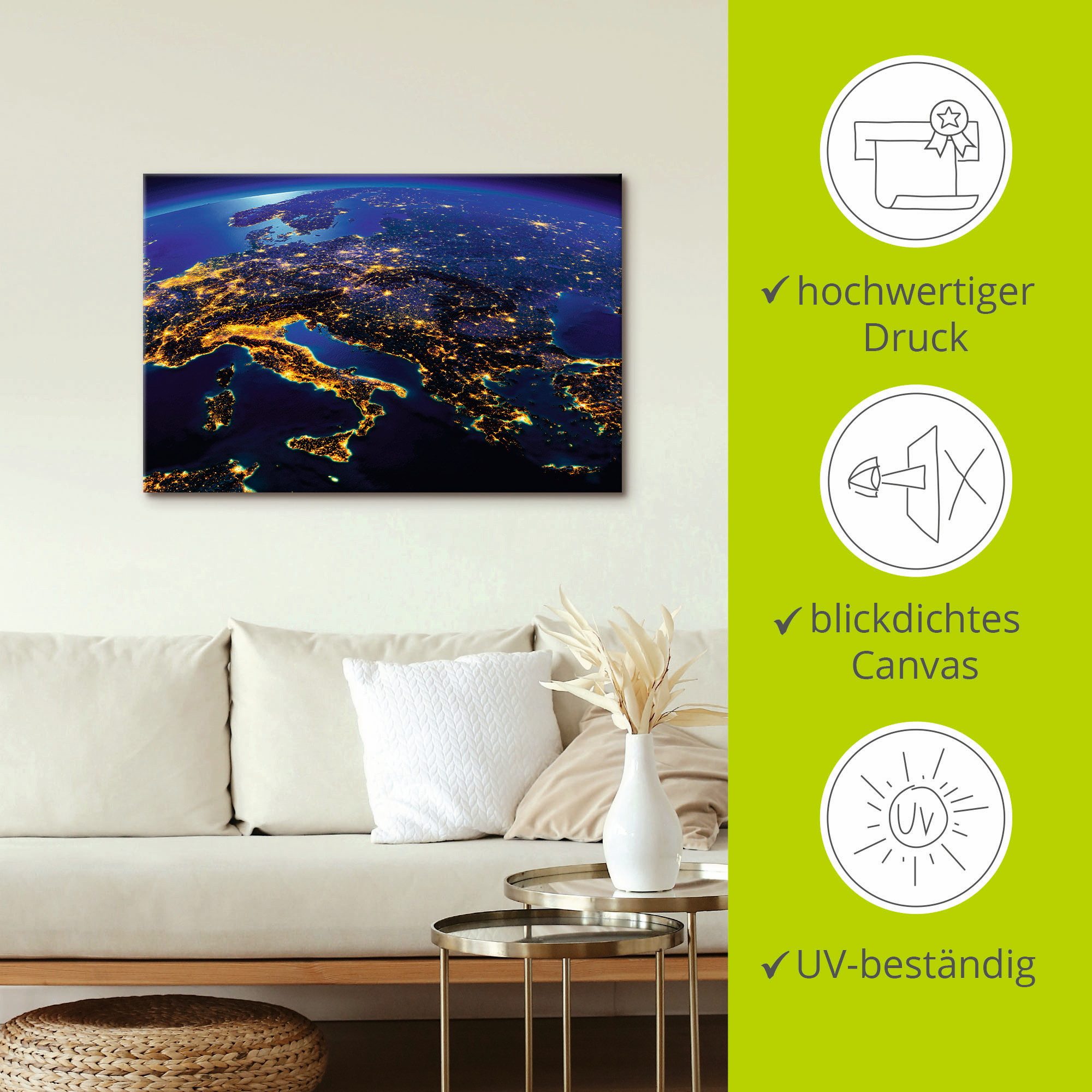 Artland Artprint Zuidelijk Europa vanuit de ruimte als artprint op linnen, poster in verschillende formaten maten