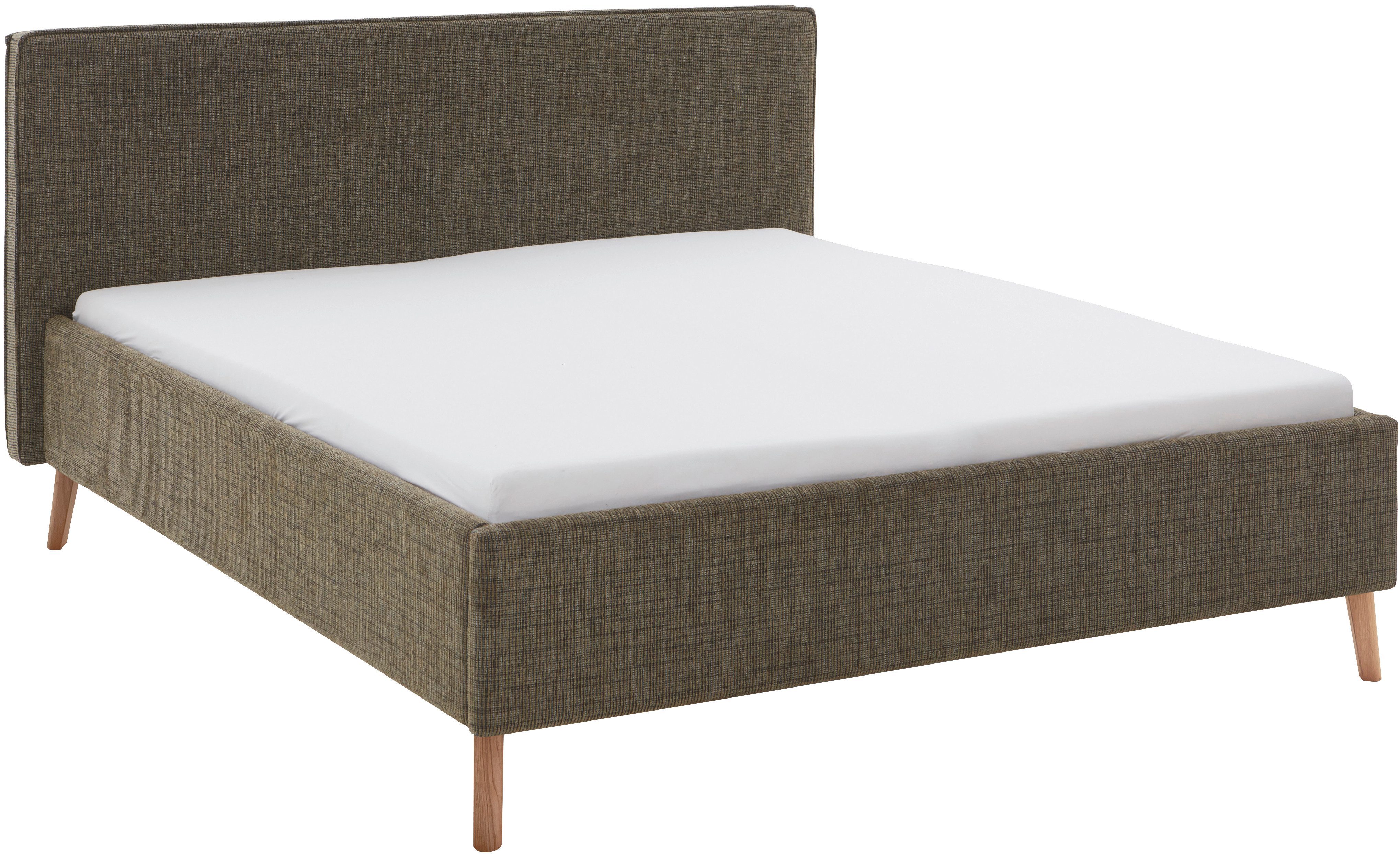 meise.möbel Gestoffeerd bed Riva met eikenkleurige houten poten, naar keuze met bedkist en lattenbodem
