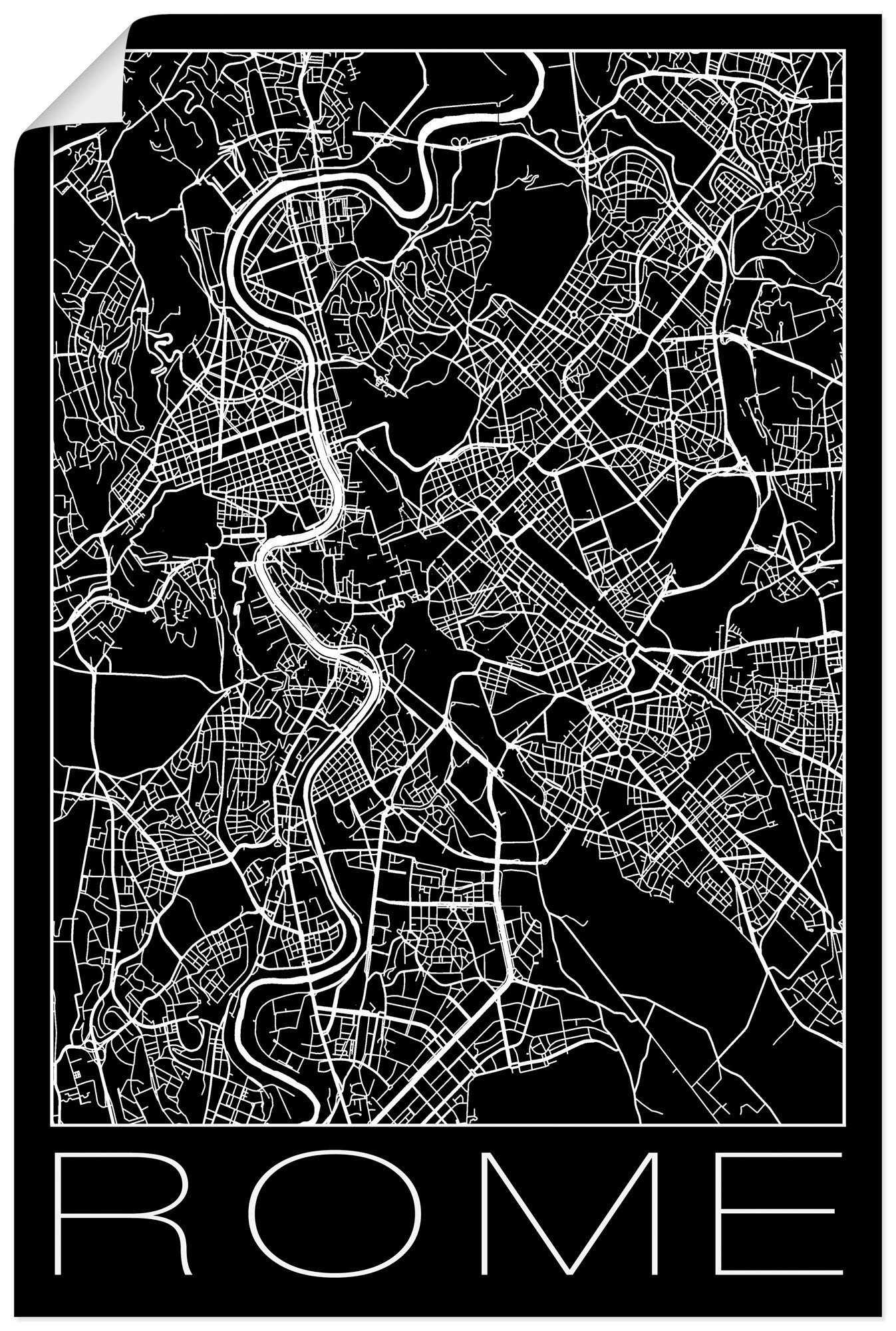 Artland Artprint Retro kaart Rome Italië zwart in vele afmetingen & productsoorten - artprint van aluminium / artprint voor buiten, artprint op linnen, poster, muursticker / wandfo