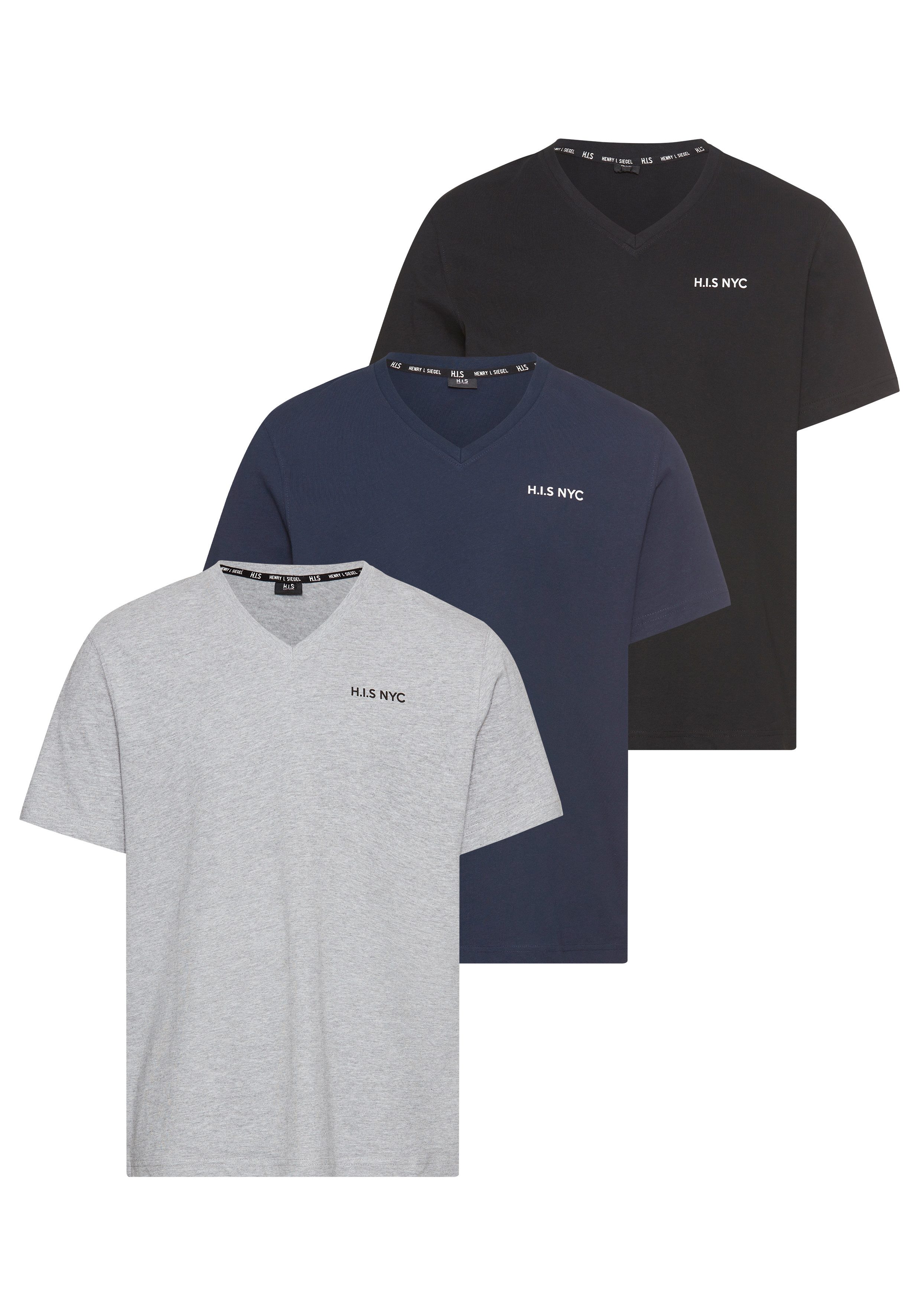 H.I.S Shirt met V-hals Korte mouwen, slim fit, van katoen (Set van 3)