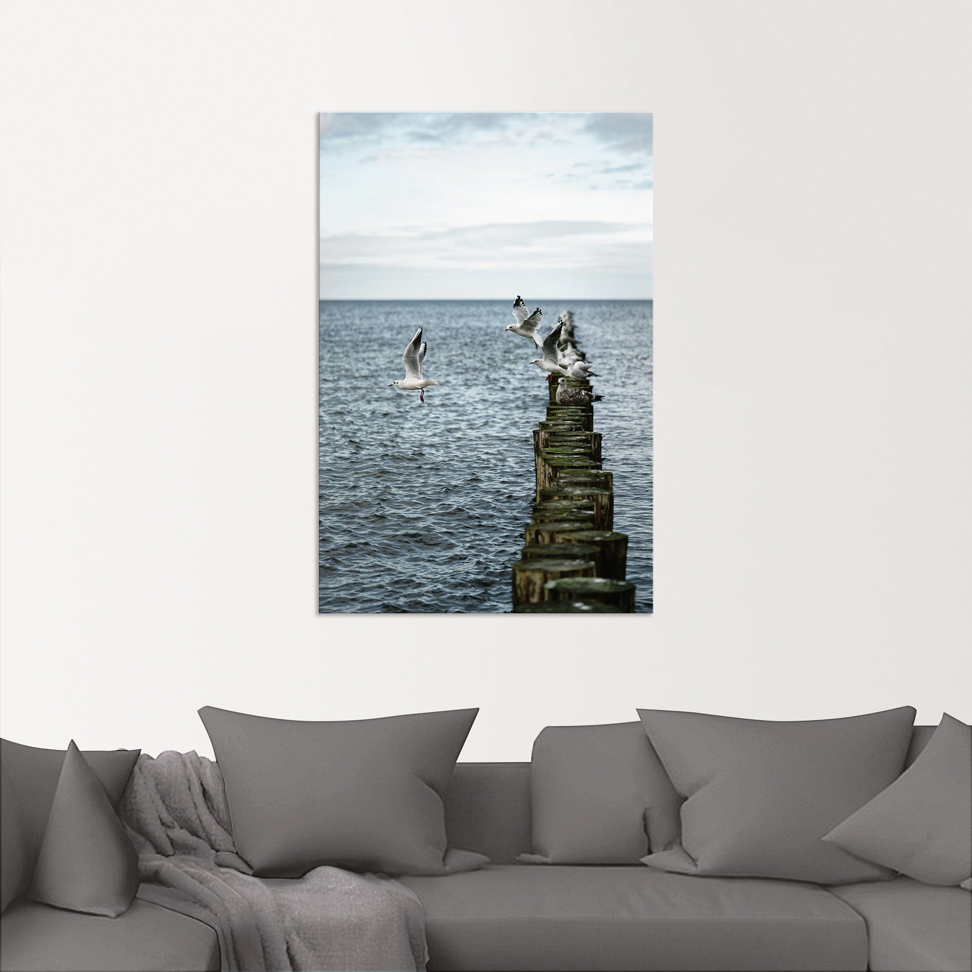 Artland Artprint Möwen starten von einer Buhnenreihe als artprint van aluminium, artprint voor buiten, poster in diverse formaten
