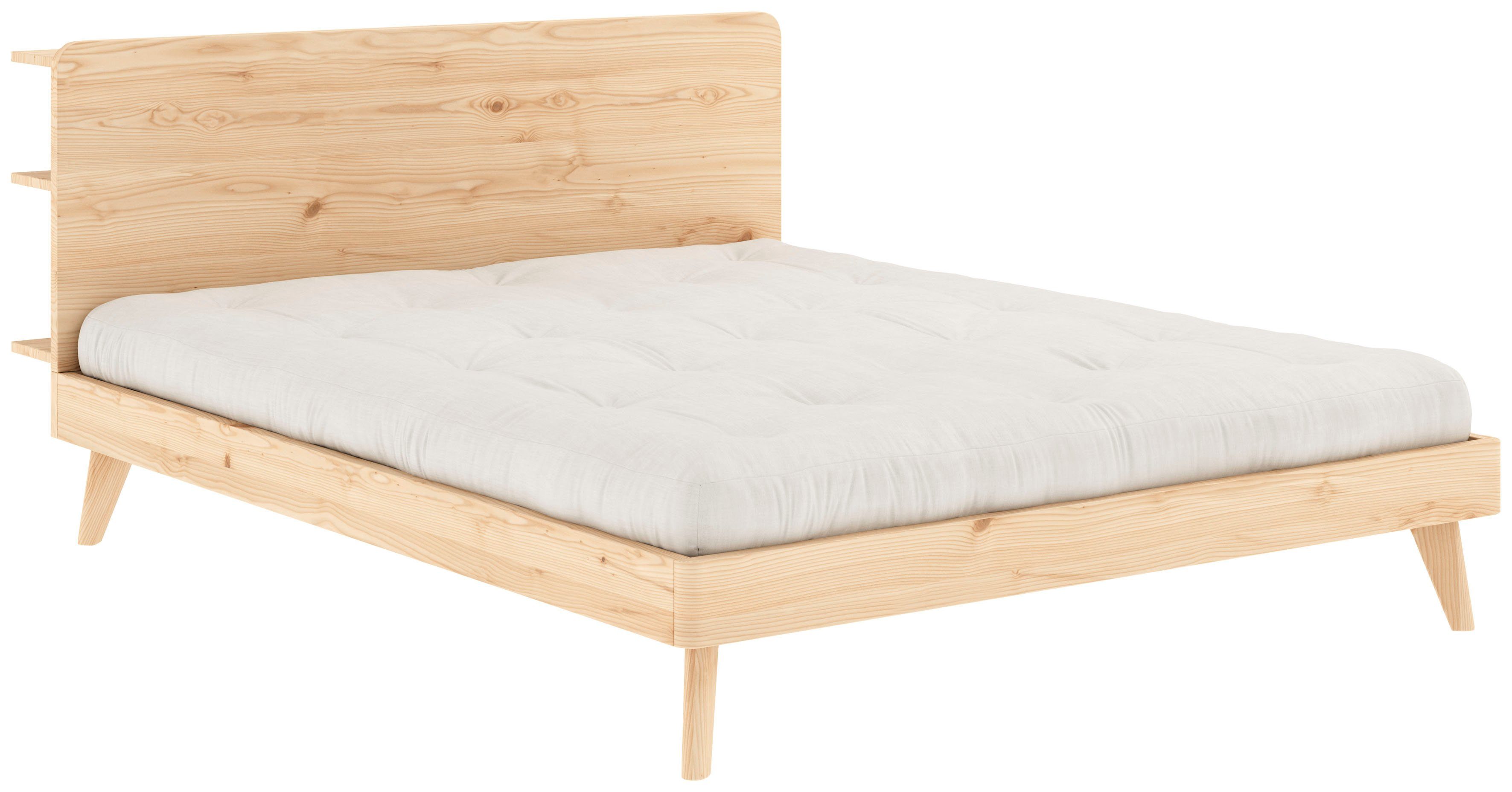 Karup Bedframe RETREAT BED van massief grenen met lattenbodem, hoofdbord met 3 legplanken