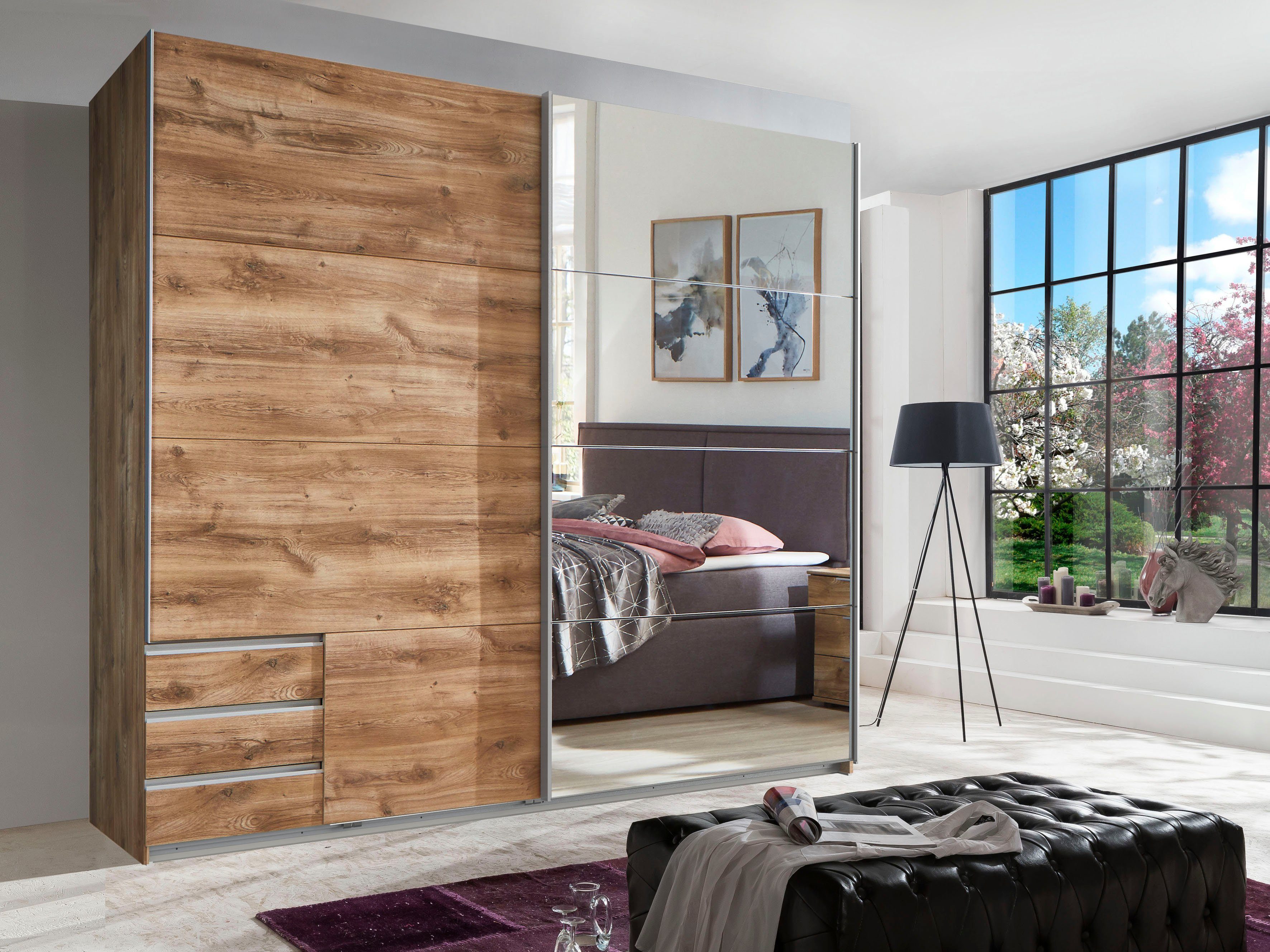 Wimex Zweefdeurkast Seattle met laden en spiegel zweefdeurkasten maat 225 cm x 208 cm x 64 cm beige