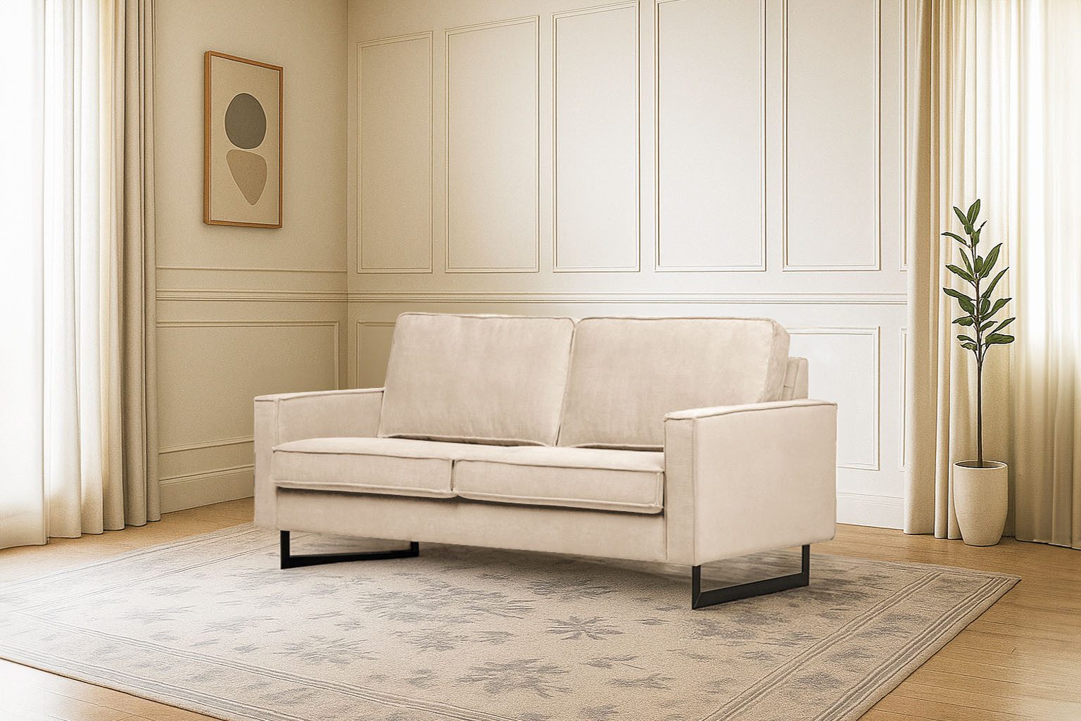 Places of Style 2-zitsbank Pinto, 166 cm, cord, chenille, leerlook met keder, zwarte metalen voeten, golfondersteuning