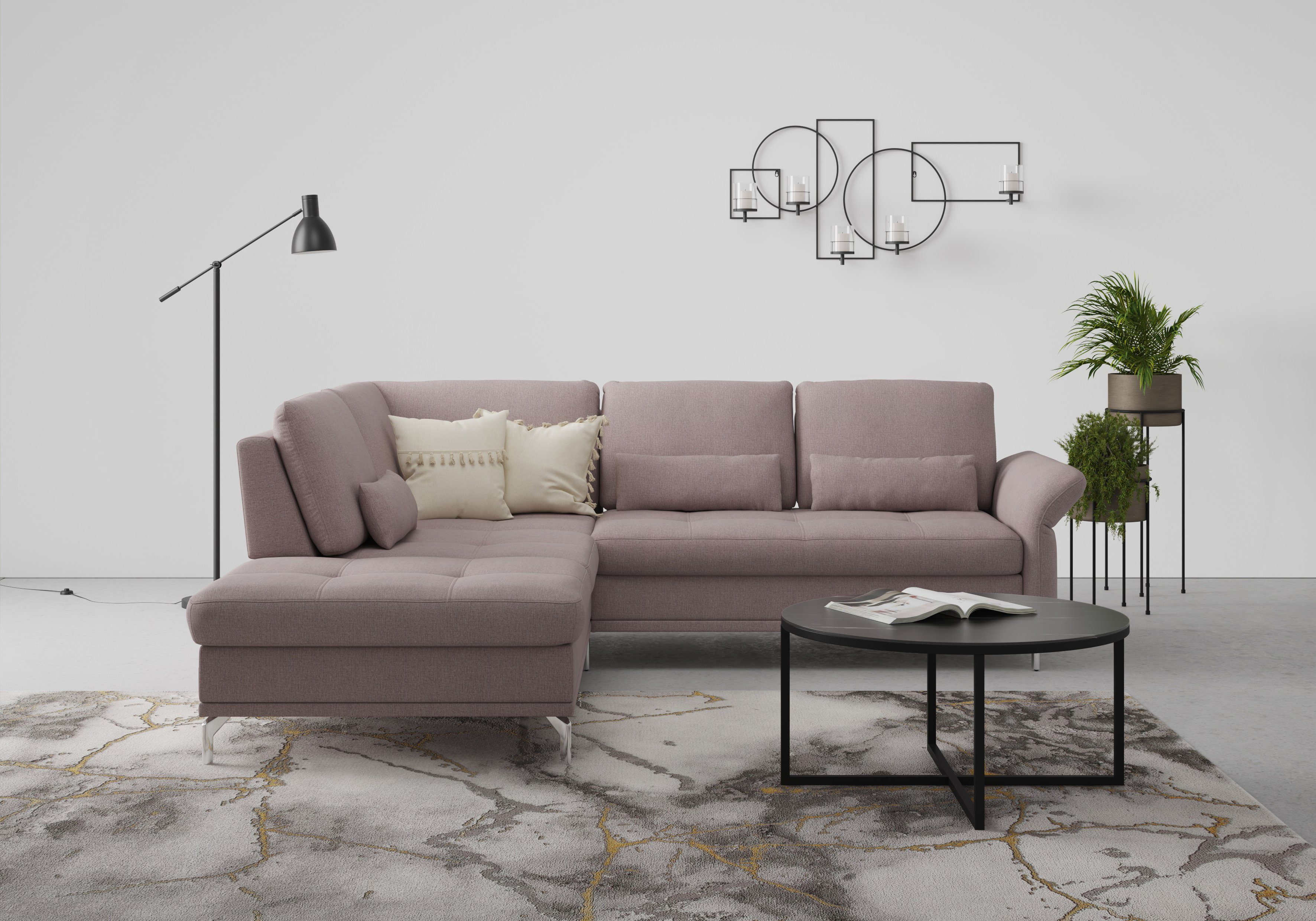 INOSIGN Hoekbank Palm Beach L-vorm Binnenvering, met zitdiepteverstelling, naar keuze met slaapfunctie roze, hoekbanken, Chenille-look, Ottomane links