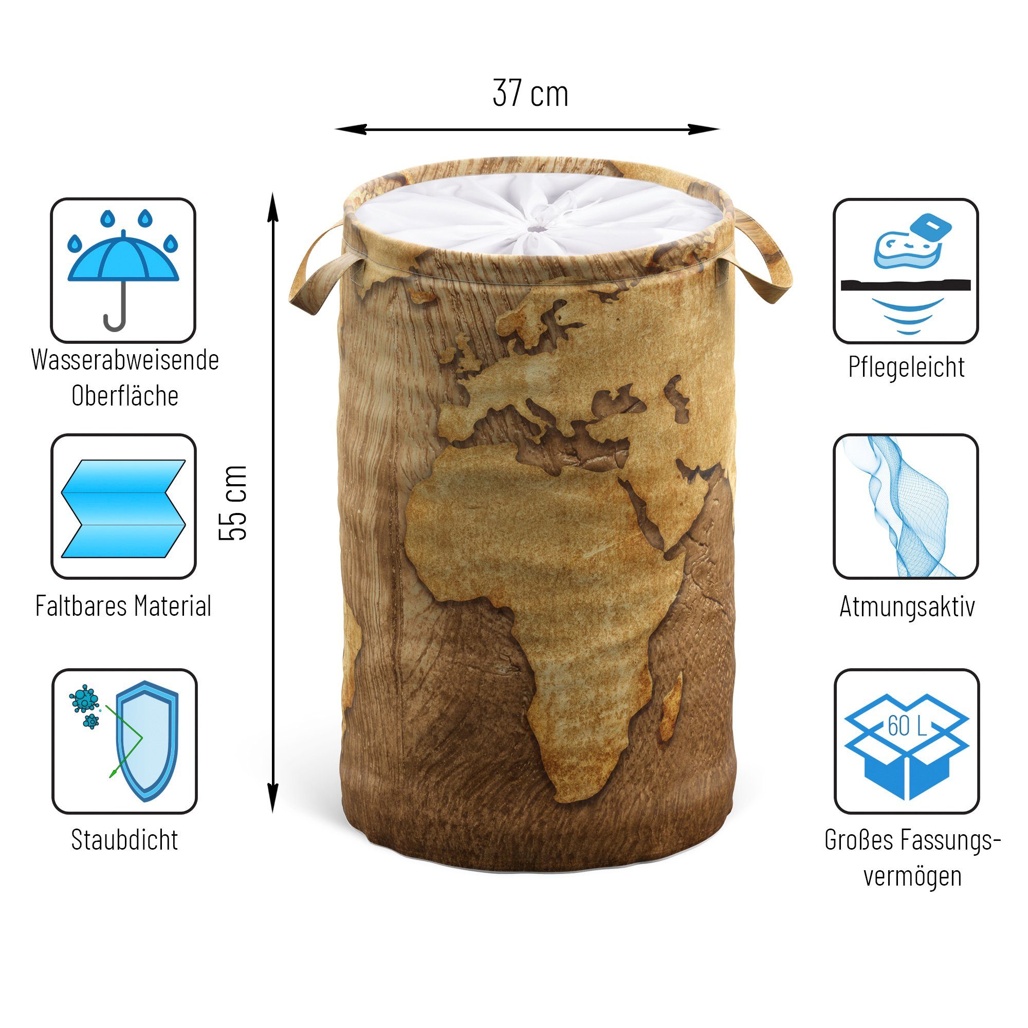 Sanilo Wasmand World Map 60 liter, opvouwbaar, met bescherming tegen inkijk