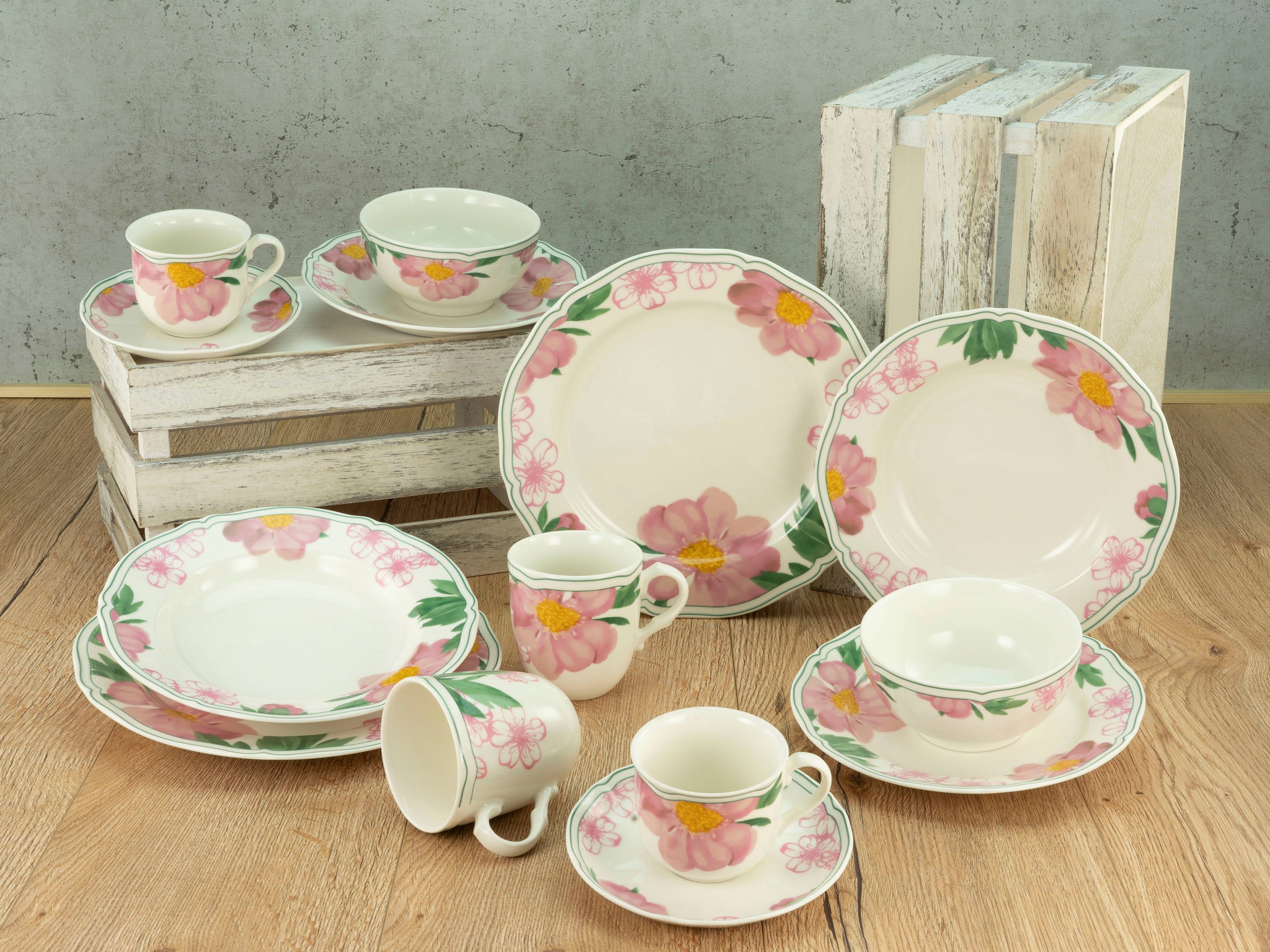 CreaTable Combi-servies Servies-set Rose Servies, premium-porselein, Made in Europe, 30 delen, voor 6 personen (set, 30-delig)
