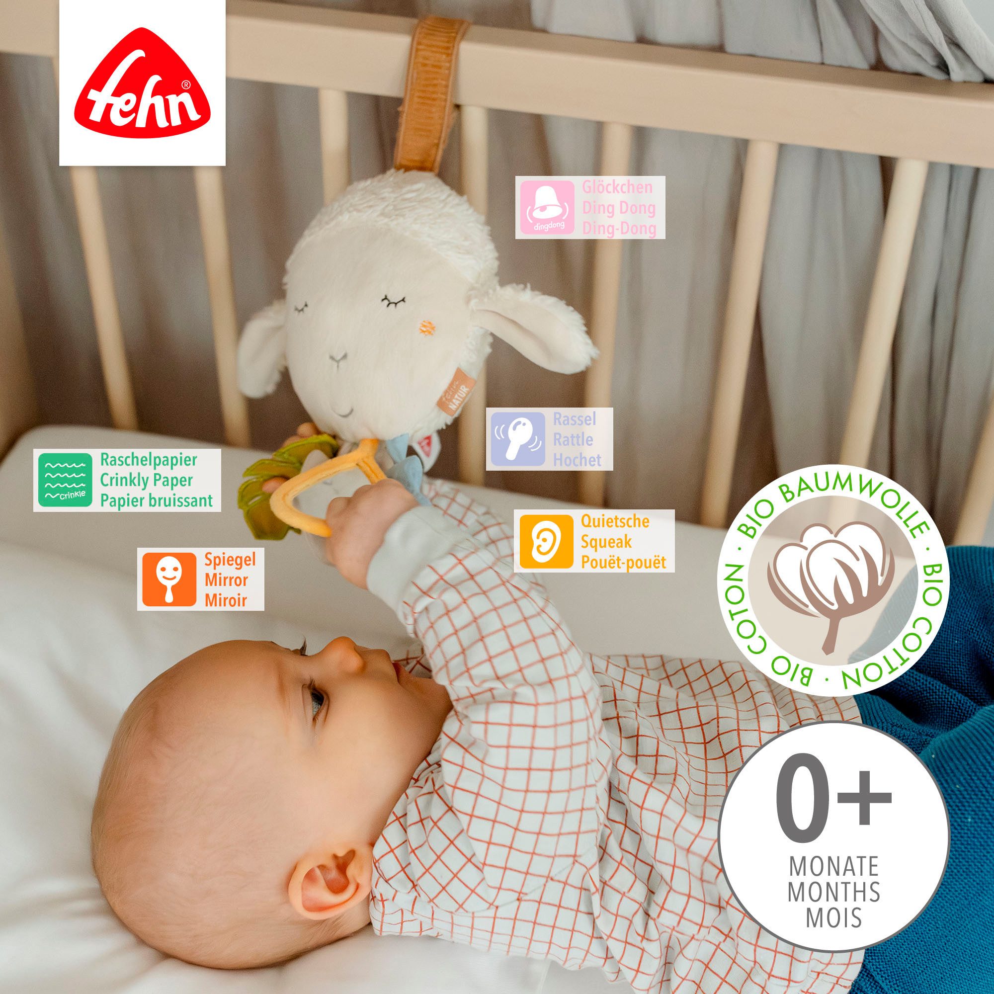 Fehn Grijpspeeltje FehnNATUR, activiteit-schaap ter bevestiging aan kinderwagen, babyzitje of bed