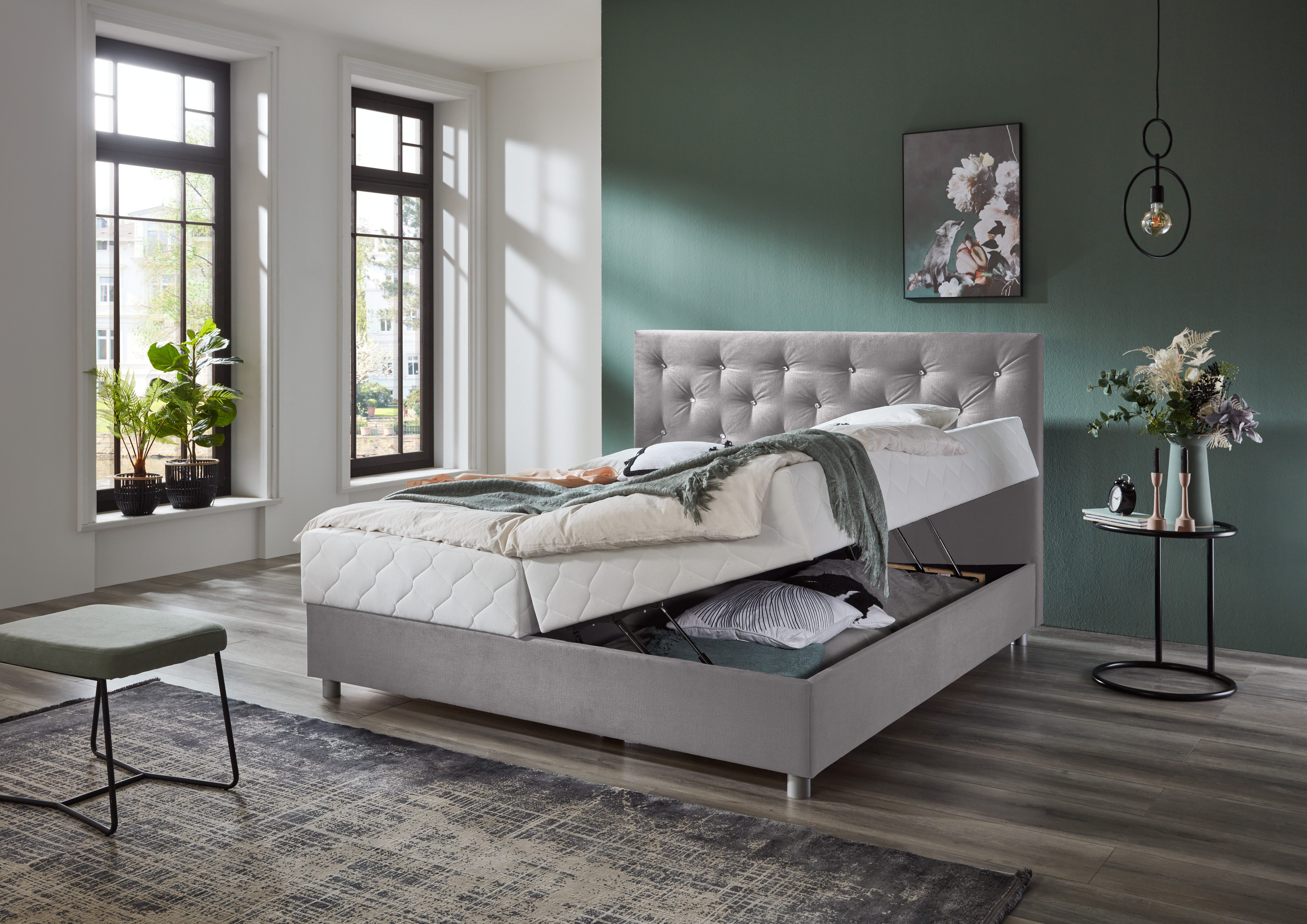 ATLANTIC home collection Boxspring CELIA in hoogwaardige fluweellook met pocketveringsmatras, bedkist en strassteentjes