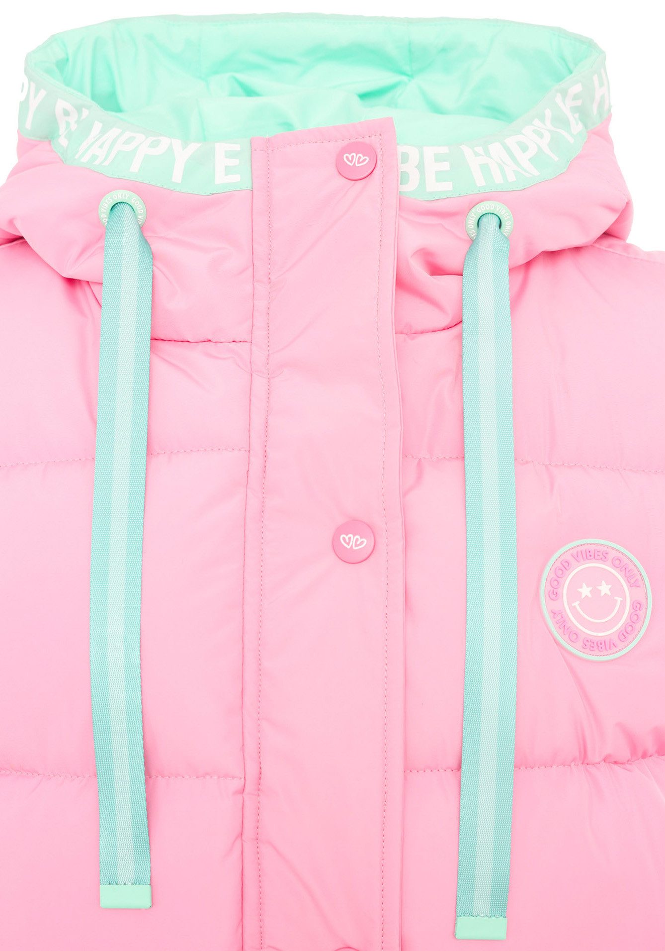 Zwillingsherz Bodywarmer Gewatteerd vest lang "Good Vibes Only" met bedrukte capuchon en zakken, knoopsluiting en print achter