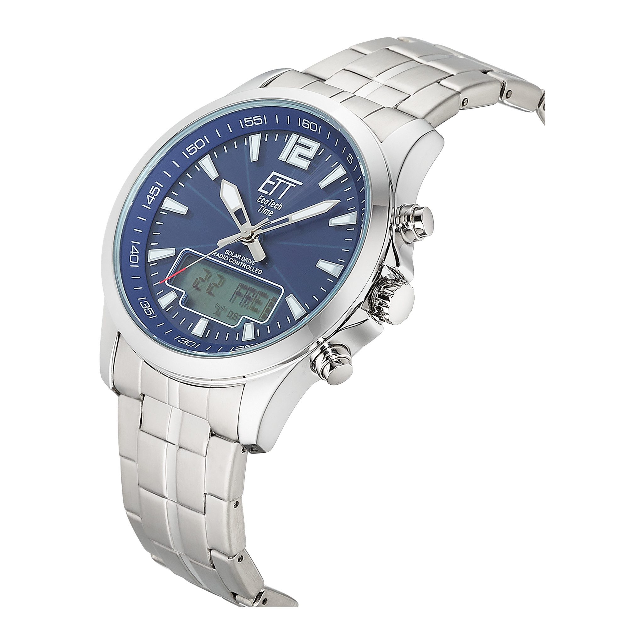 ETT Radiografische chronograaf Professional World Timer Armbandhorloge, Solar, Herenhorloge, Edelstalen armband, analoog, digitaal, Dag