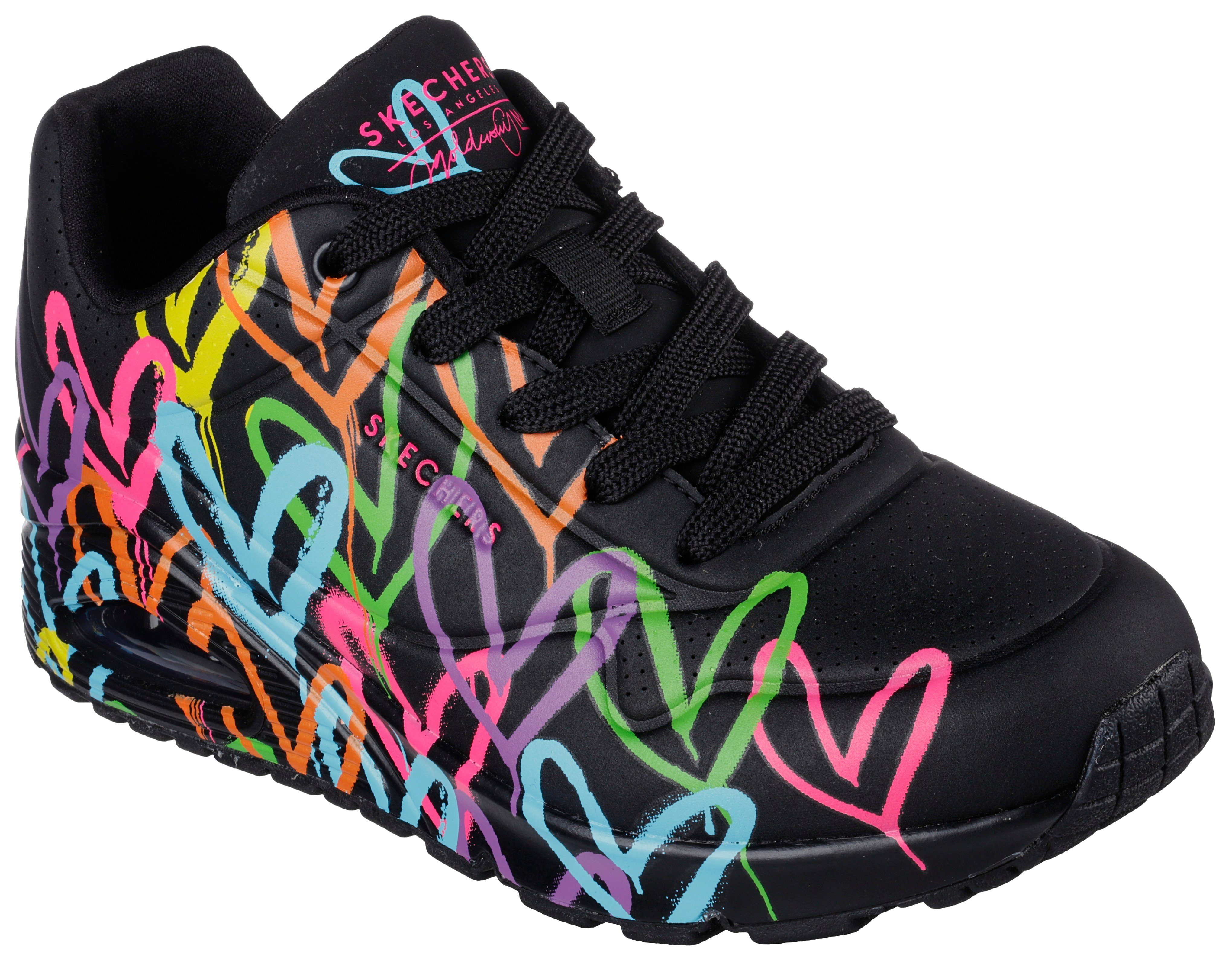 Skechers Sneakers UNO - HIGHLIGHT LOVE , vrijetijdsschoen, lage schoen, veterschoen met hartjes-print