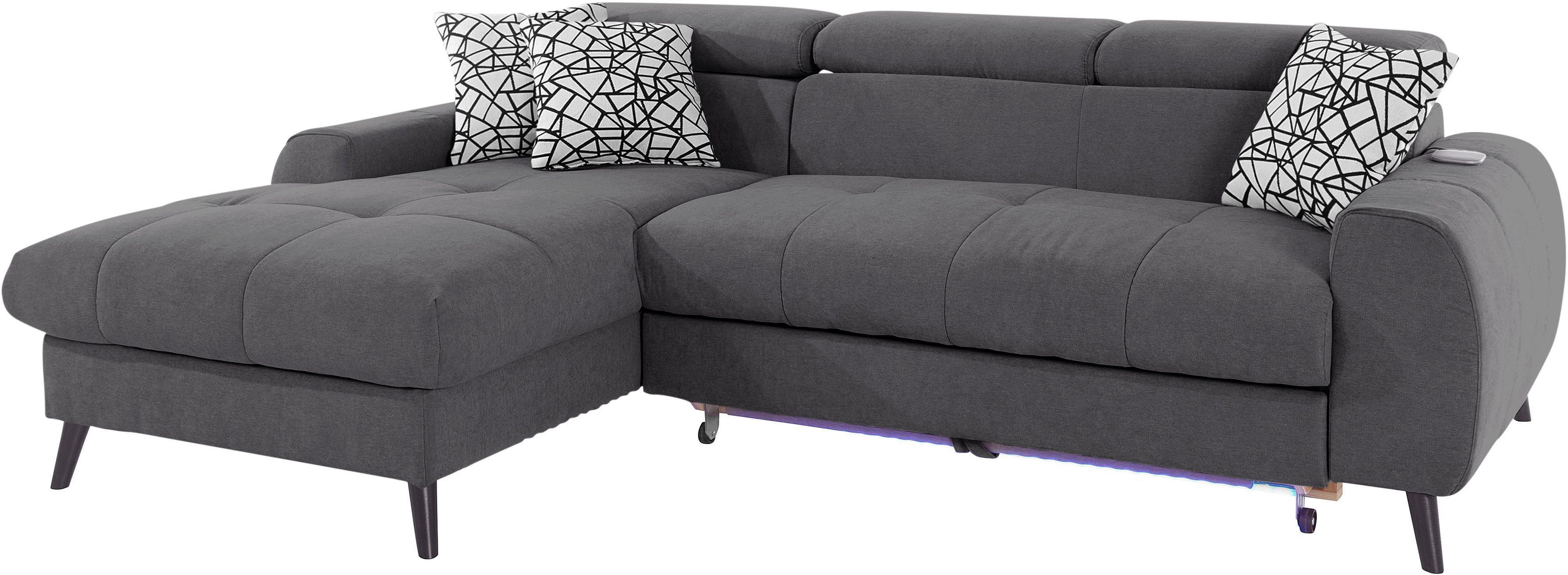 COTTA Hoekbank Mia L-vorm met 3 sierkussens keuze met bedfunctie, bedlade, verlichting & draadloze oplader