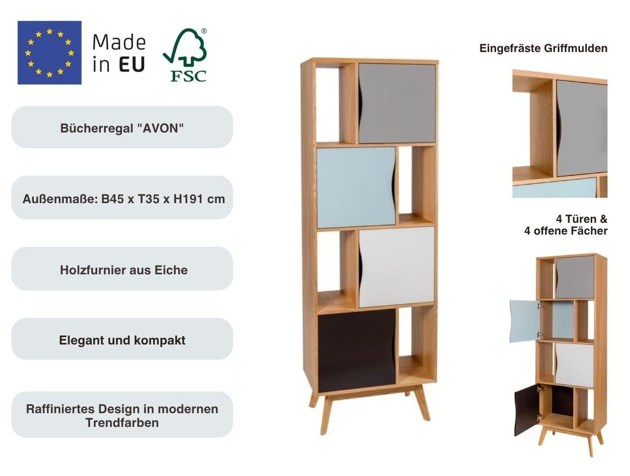 Woodman Boekenkast Avon Hoogte 191 cm, houtfineer van eiken, eenvoudig Scandinavisch design