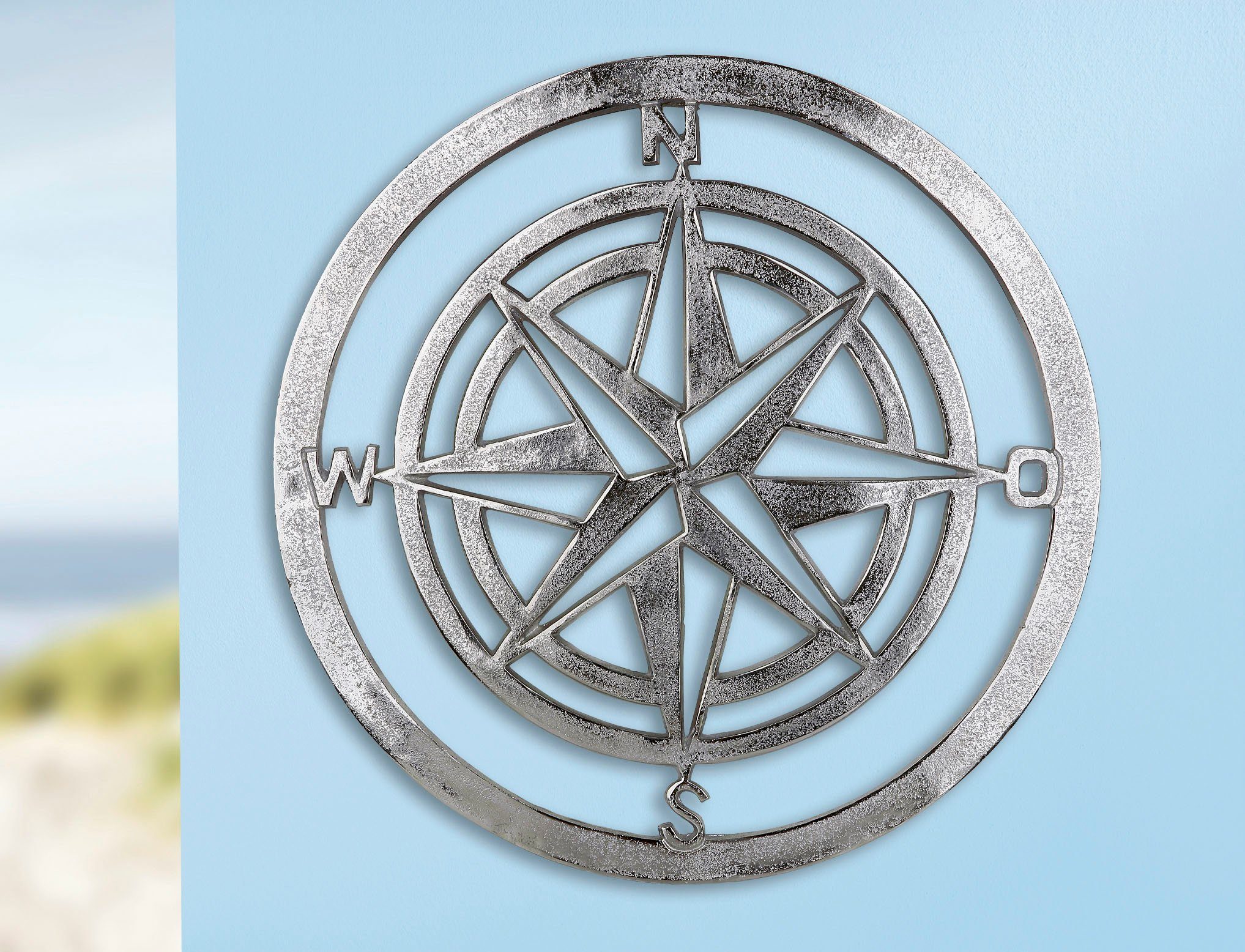 GILDE Sierobject voor aan de wand Wandreliëf kompasroos, zilverkleur Wanddecoratie, ø 50 cm, maritiem, decoratief in eetkamer & woonkamer (1 stuk)