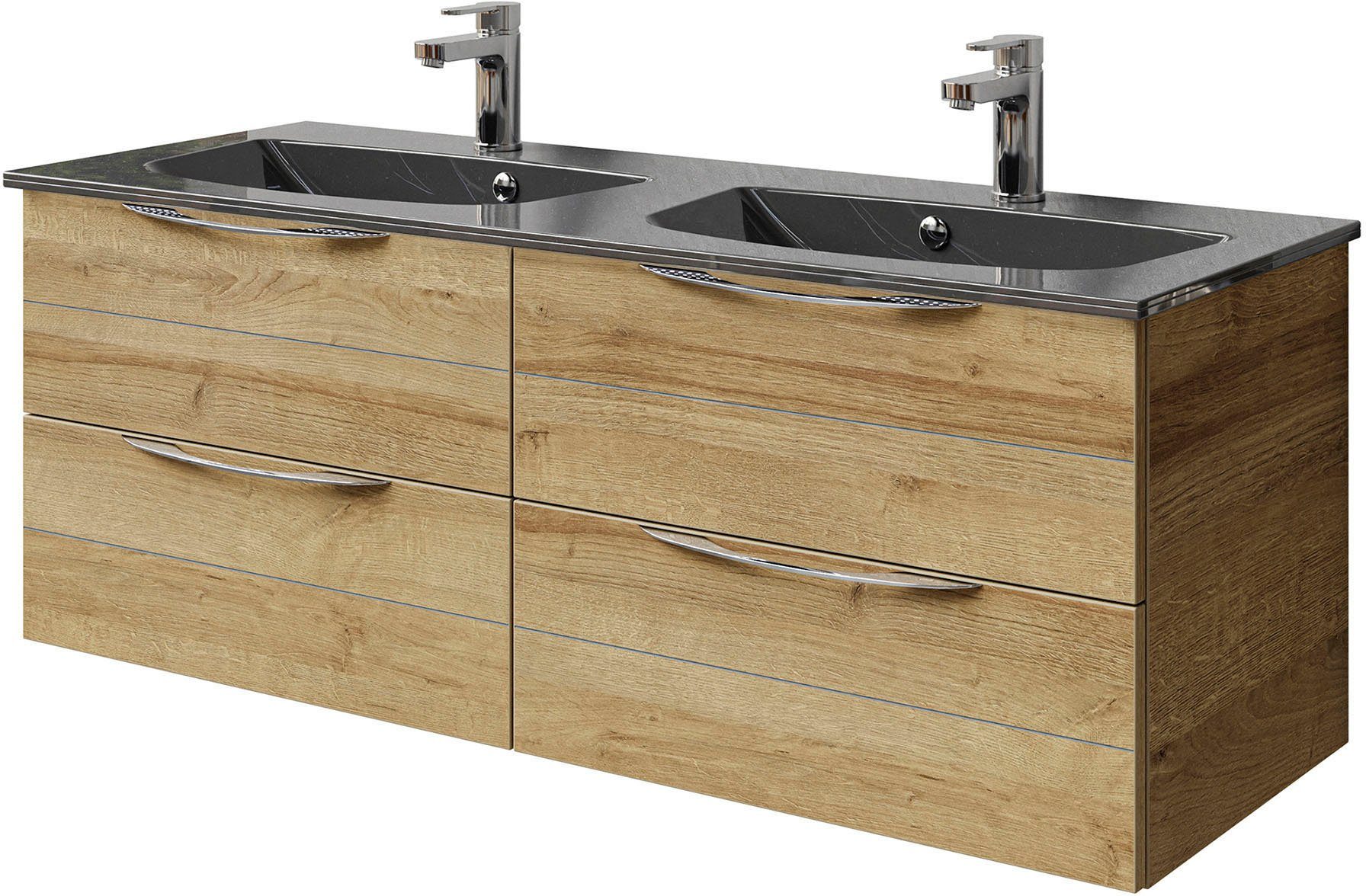 Saphir Wastafelonderkast Serie 6025 mineraalmarmeren wastafel met onderkast, 132 cm breed Dubbele wastafel met 4 lades, hangend, verschillende