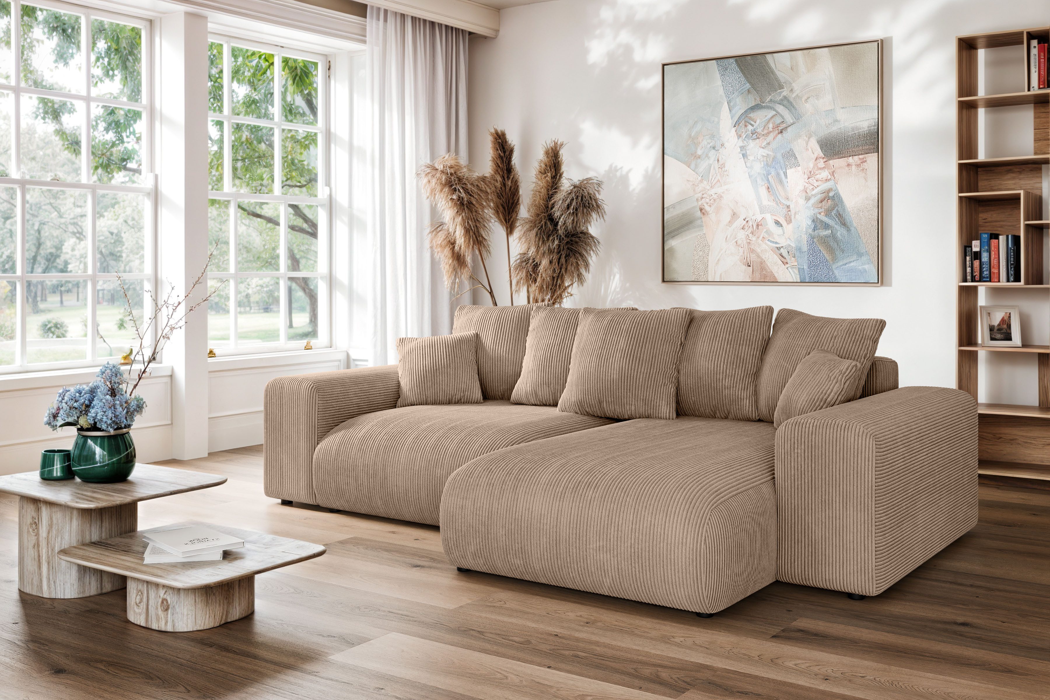 Home affaire Hoekbank LAKESIDE met bedfunctie en bedlade, B/D/H 257/166/84 cm L-vorm, recamiere aan beide zijden monteerbaar, golfondersteuning