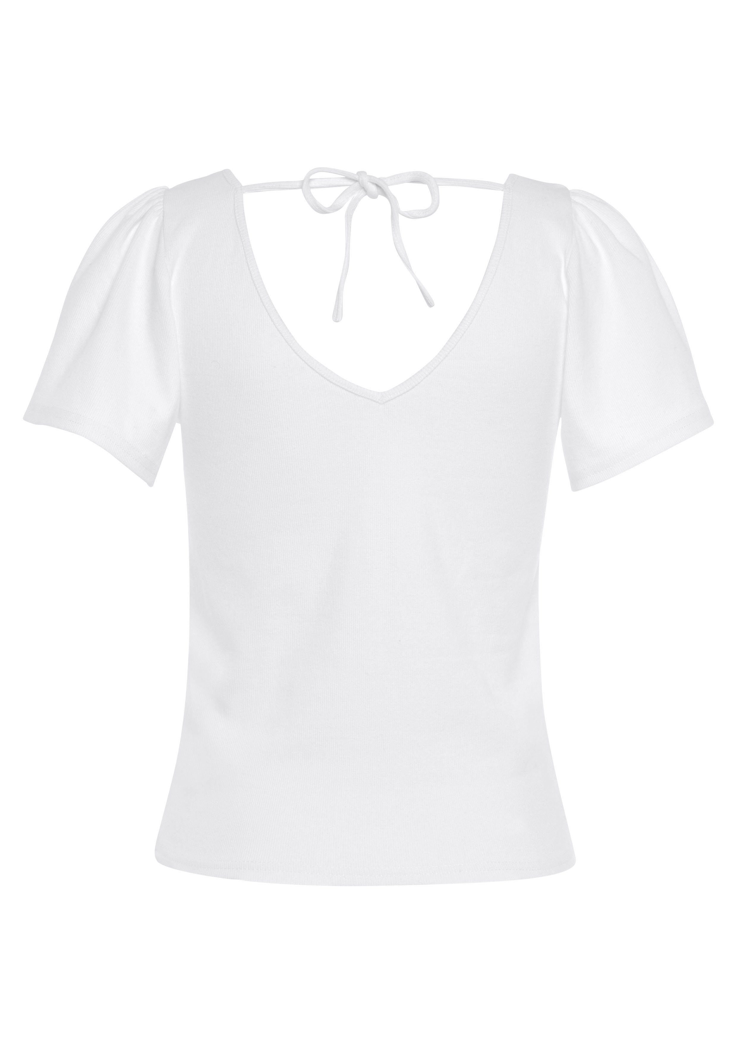 Vivance Shirt met V-hals van ribstof met lichte vleugelmouwen, t-shirt om in de nek te binden