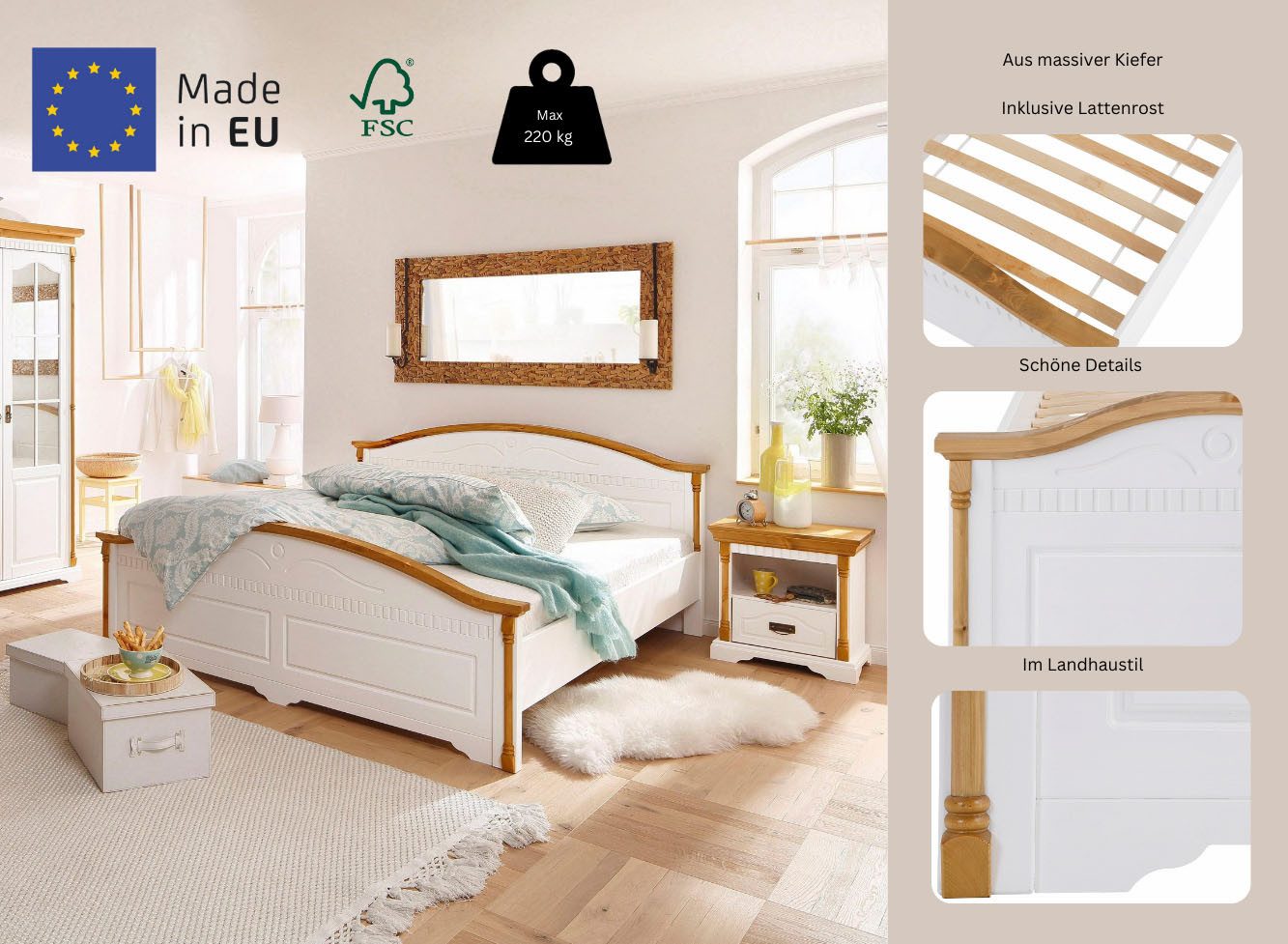Home affaire Massief houten ledikant Graz, hoge belasting, klassieke landelijke stijl, FSC® gecertificeerd
