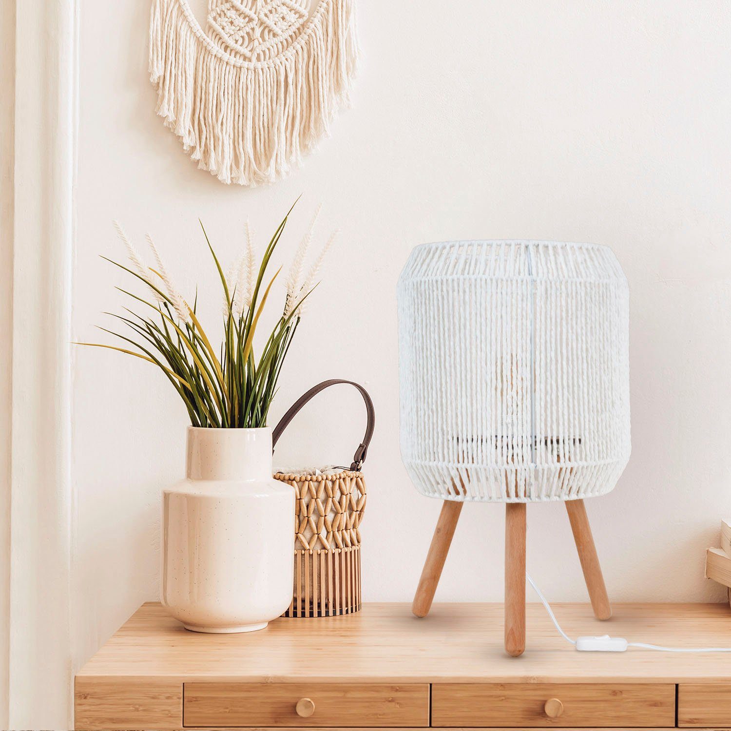 Paco Home Tafellamp Sol Boho decoratie lampenkap mand hout E27