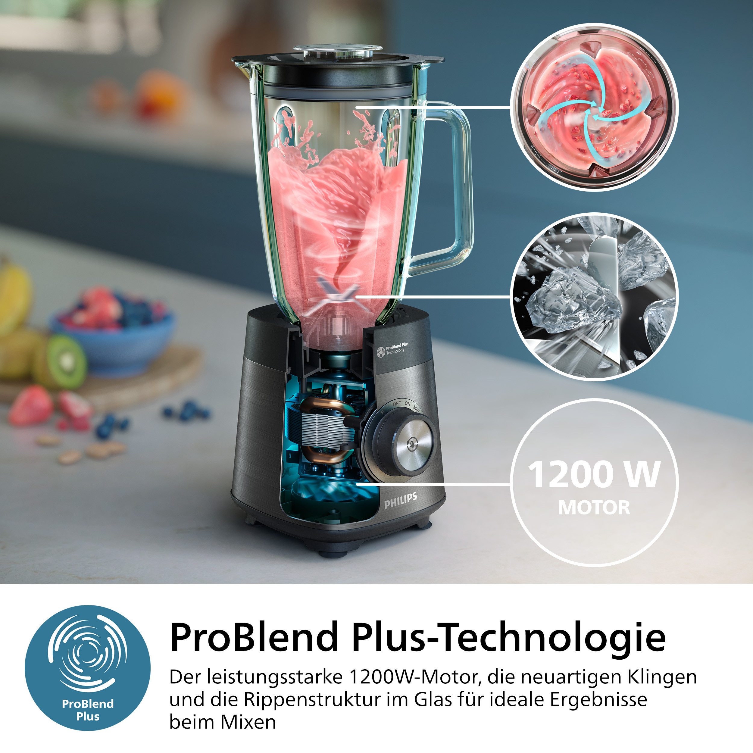 Philips Blender HR3040/00 5000 Series, met ProBlend Plus-technologie 2-liter container en automatische reiniging, roestvrij staal/grijs