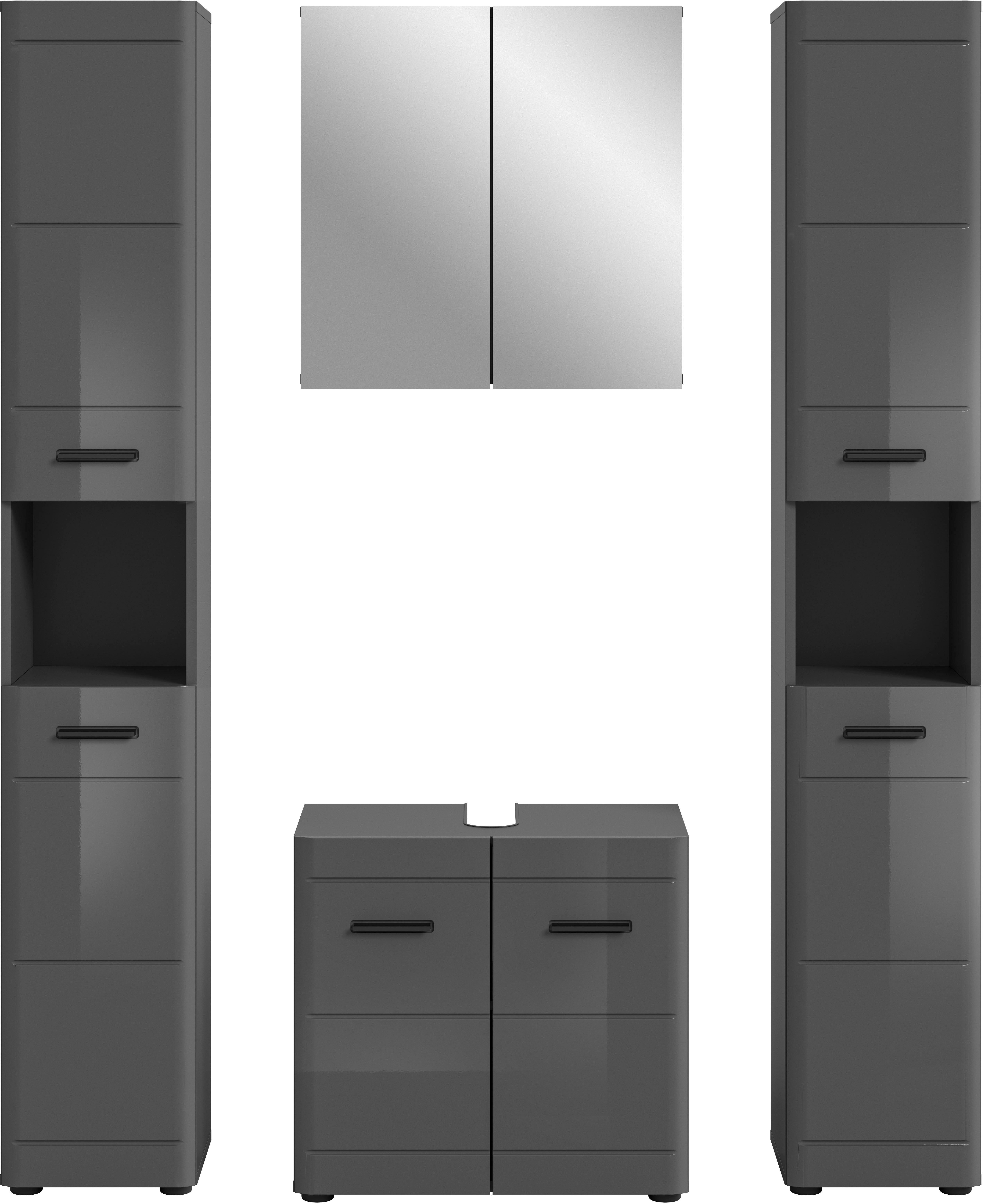welltime Badmeubelset Doux, bestaande uit: 2x hoge kast, wastafelonderkast Spiegelschrank, hoogwaardige hoogglans MDF front met groeffrasing (4 stuks)