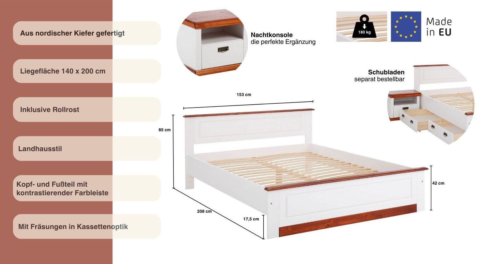 Home affaire Massief houten ledikant Madrid, landelijke stijl, hoge belasting! van fsc®-gecertificeerd grenen, inclusief lattenbodem, cassette-look