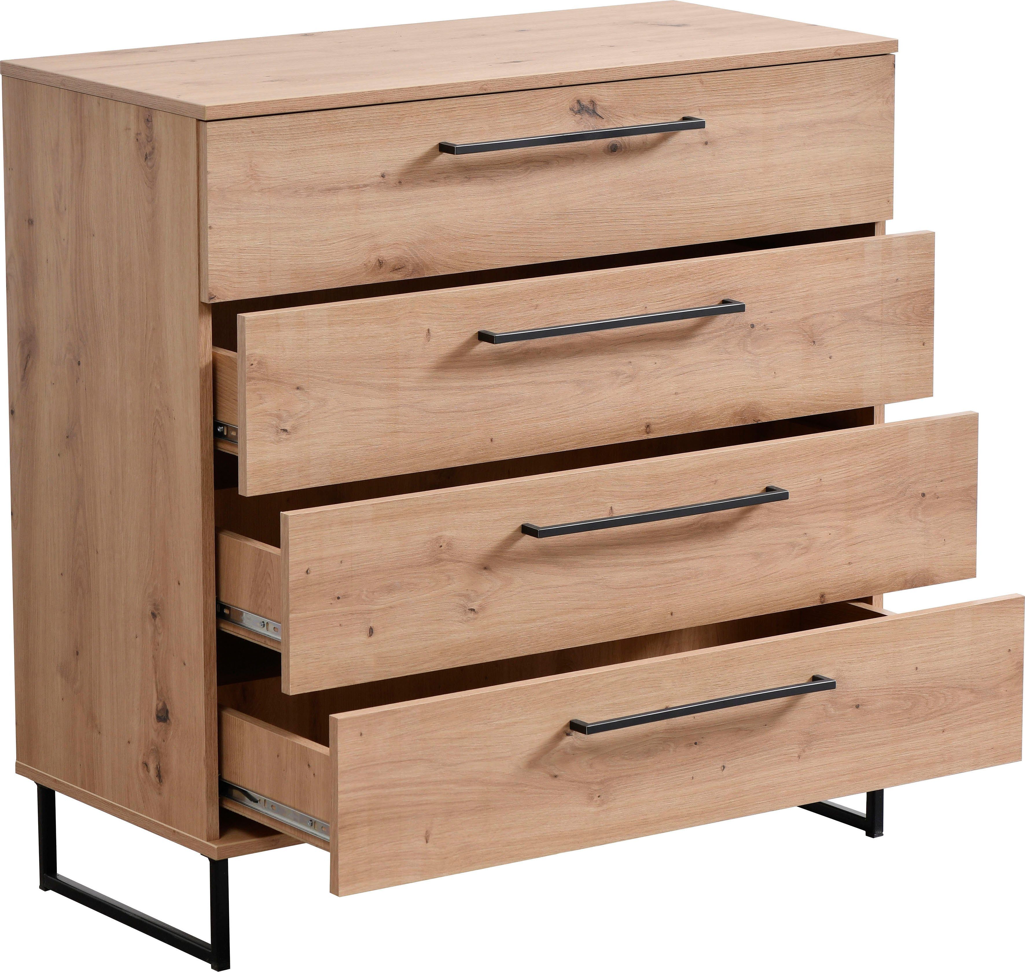 INOSIGN Ladekast Sardinië, 91x92,5x42cm, FSC® gecertificeerd houtmateriaal met 4 lades, met trendy zwarte handgrepen en metalen voeten