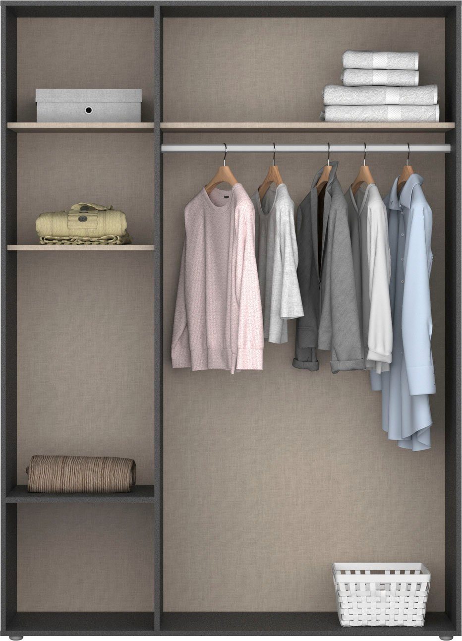 rauch Draaideurkast Voyager, kledingkast met buitenladen, garderobe moderne grepen in grijs metallic met buitenlades made in germany