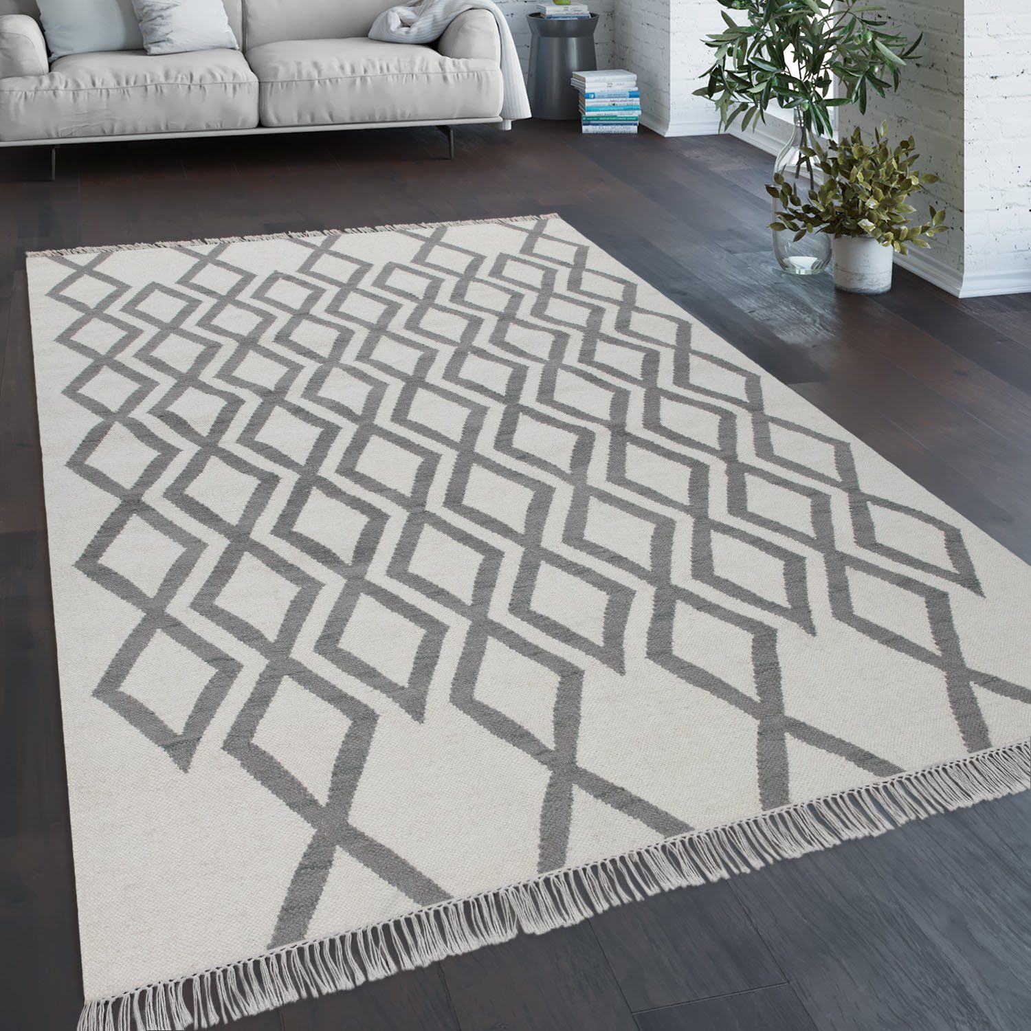 Paco Home Wollen kleed Kenitra 502 Platweefsel, zuivere wol, met de hand geweven, geruit design, met franje