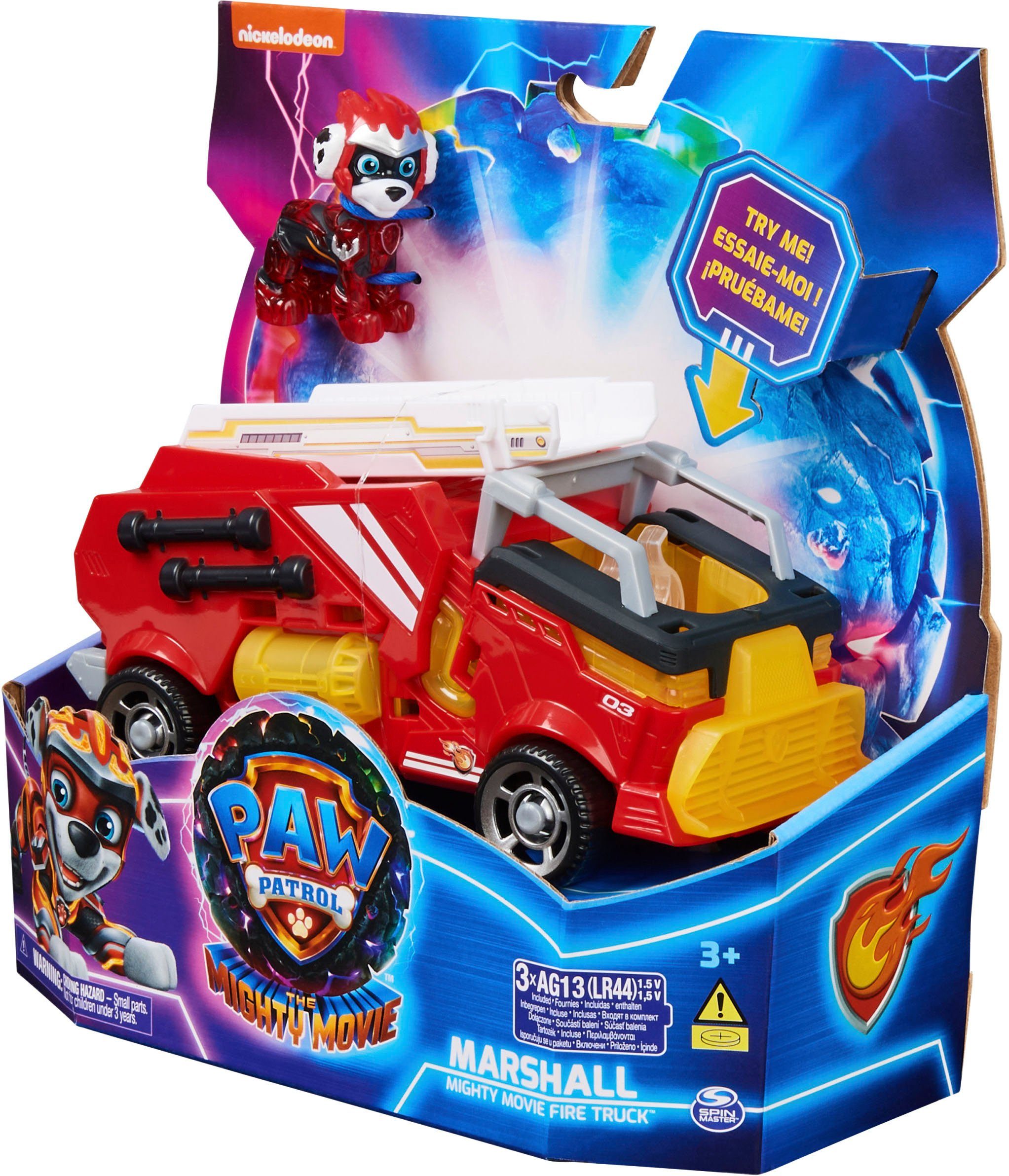 Spin Master Speelgoedauto Paw Patrol - Movie II - Basic Themed Vehicles Marshall van marshall bluseenheid met puppyfiguur, licht- en geluidseffect