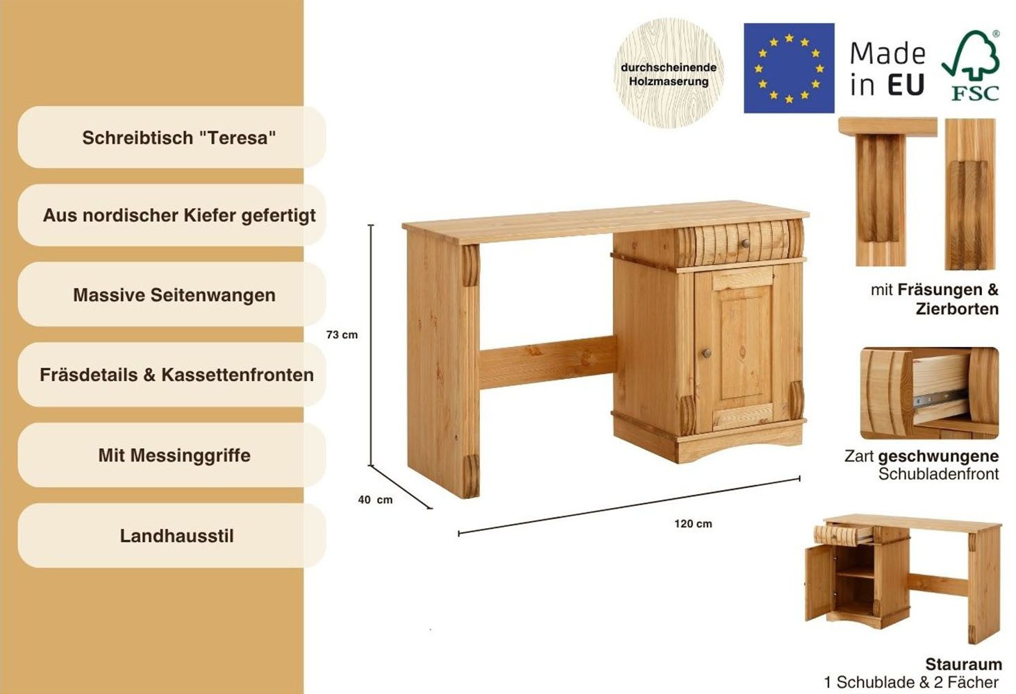 Home affaire Bureau Teresa Computertafel met lades, massief hout, breedte 120 cm