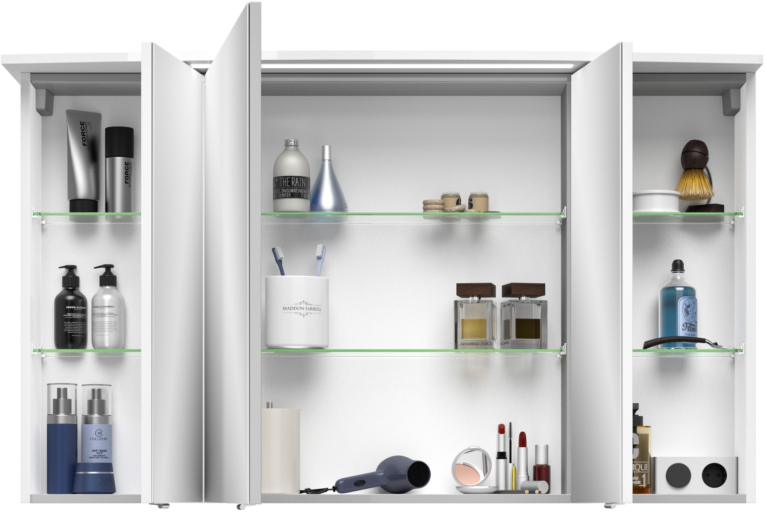 Saphir Badkamerspiegelkast Serie 4010 badkamer spiegelkast incl. LED-verlichting in krans Badkast 122 cm breed, 3 deuren, 6 glazen legplanken, incl. deurdemper