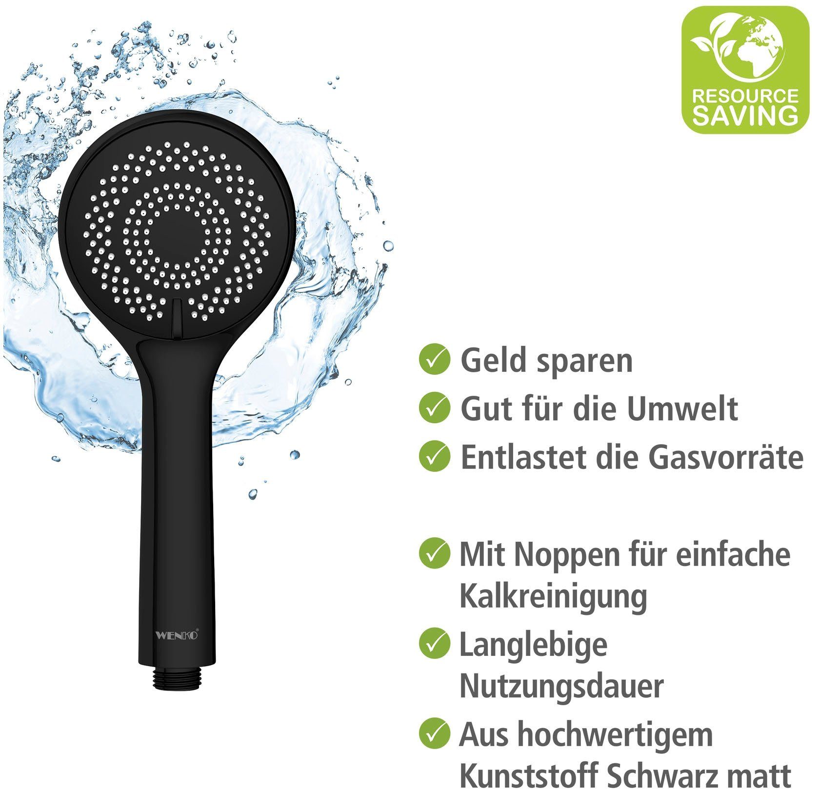 WENKO Handsproeier Watersaving Mat zwart, Ø 9,5 cm (1-delig)